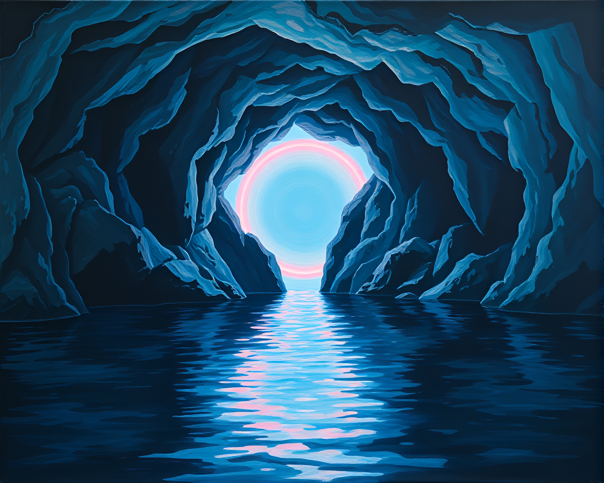 Neon-lit floating island at cave entrance – free AI stock image