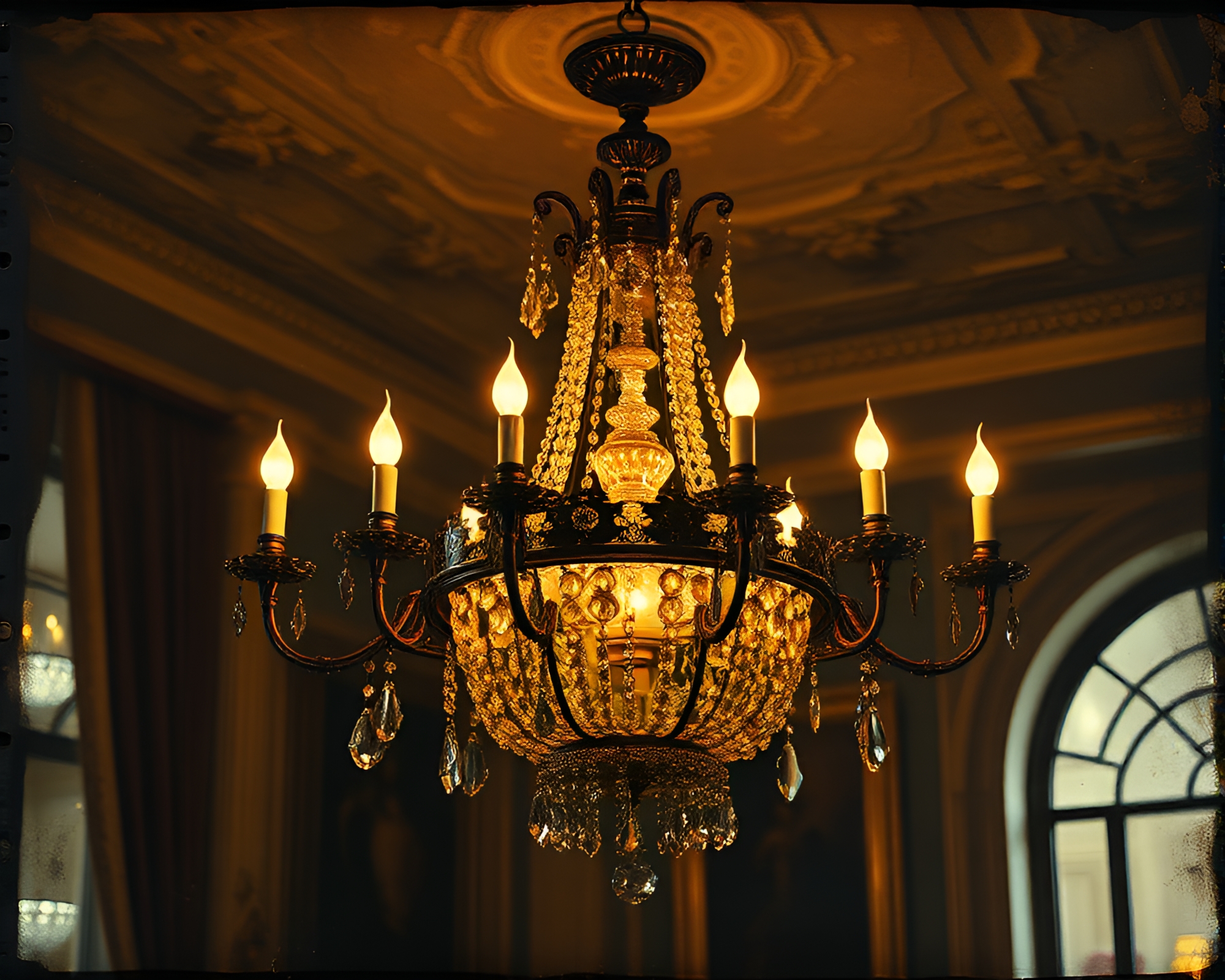 Victorian Chandelier Illuminated with Film Sprocket Hole Lighting – free AI stock image