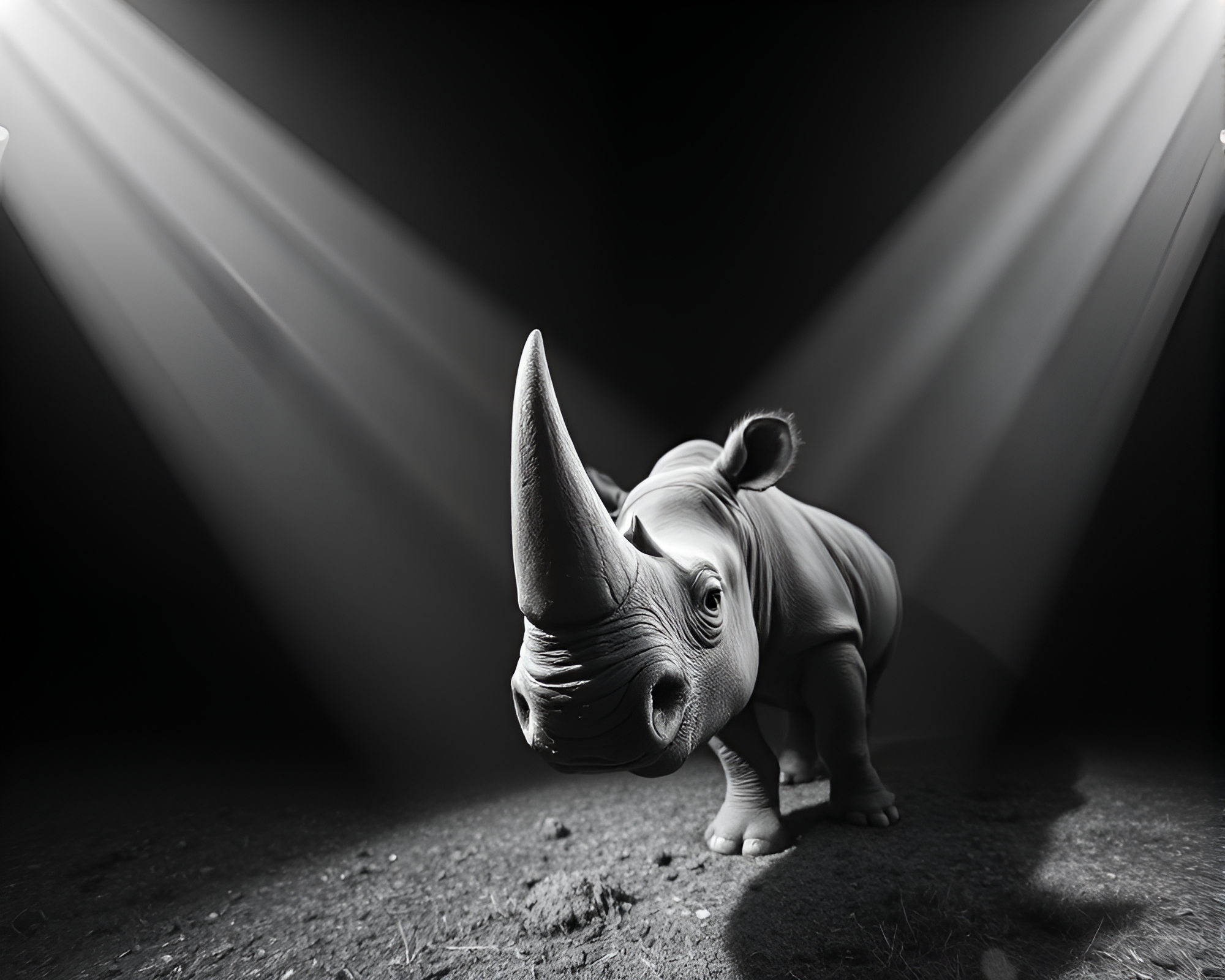 Majestic Rhino in Spotlight, Worm’s Eye View – free AI stock image