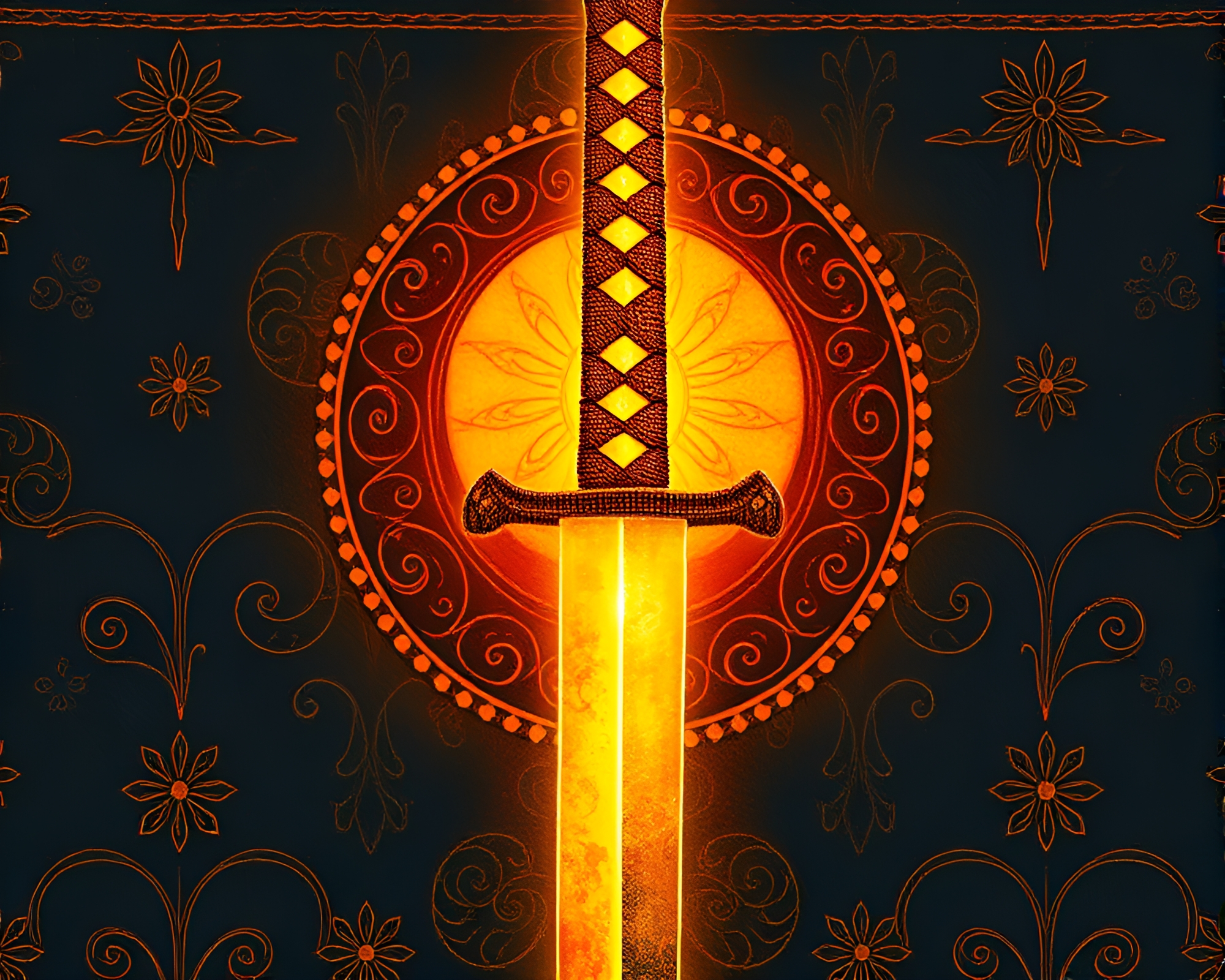 Glowing Samurai Sword in Intricate Stitched Pattern Composition – free AI stock image