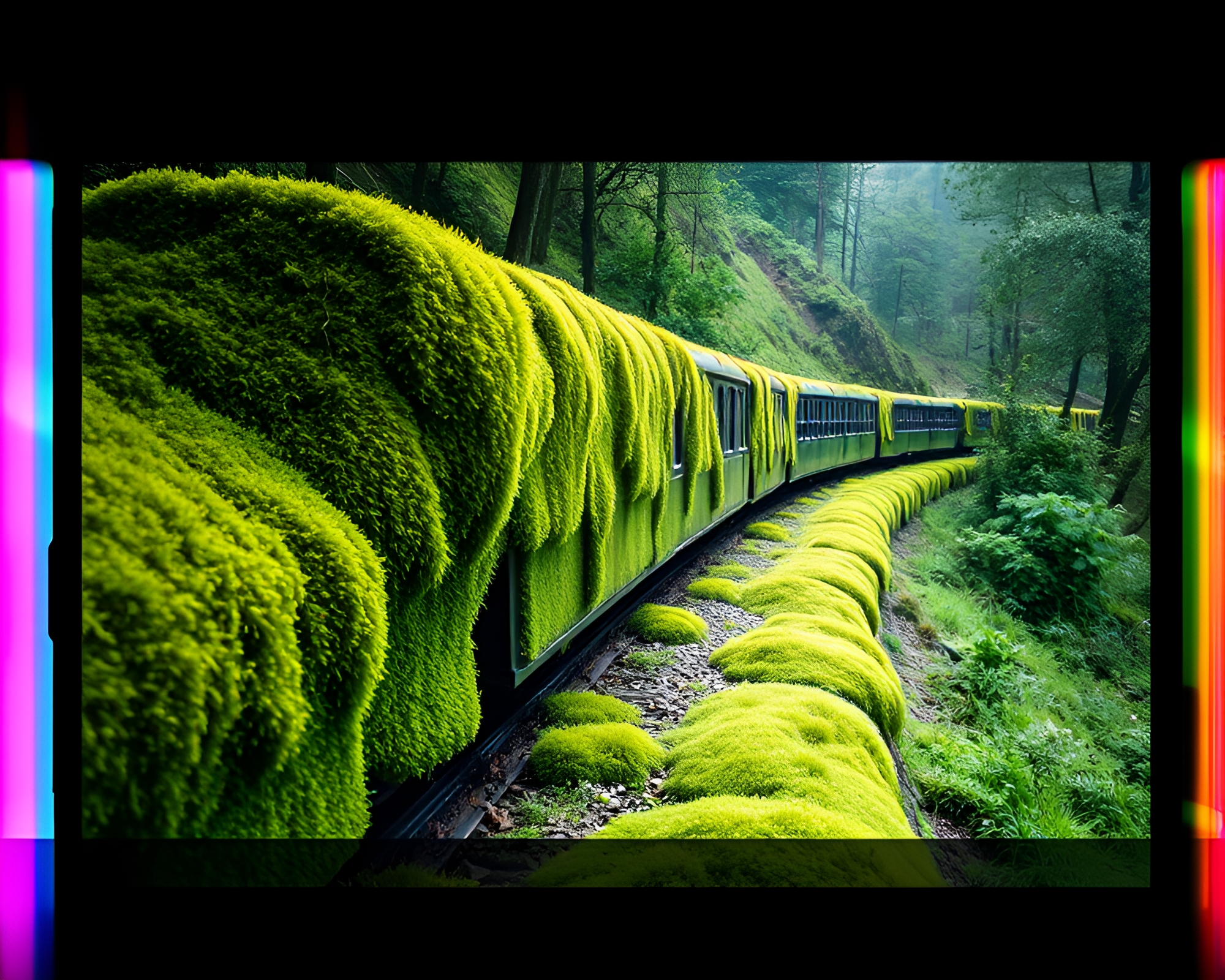 Moss-Covered Train with Rainbow Spectrum Light – free AI stock image