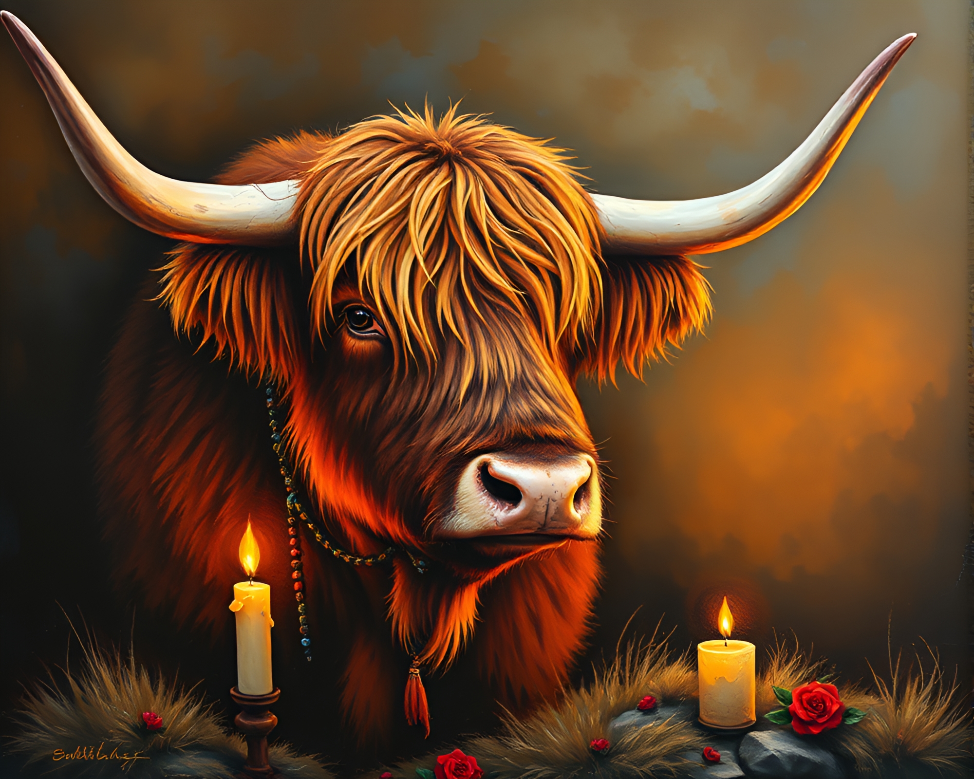 Highland Cow Beadwork Composition in Candlelit Palette Knife Painting – free AI stock image
