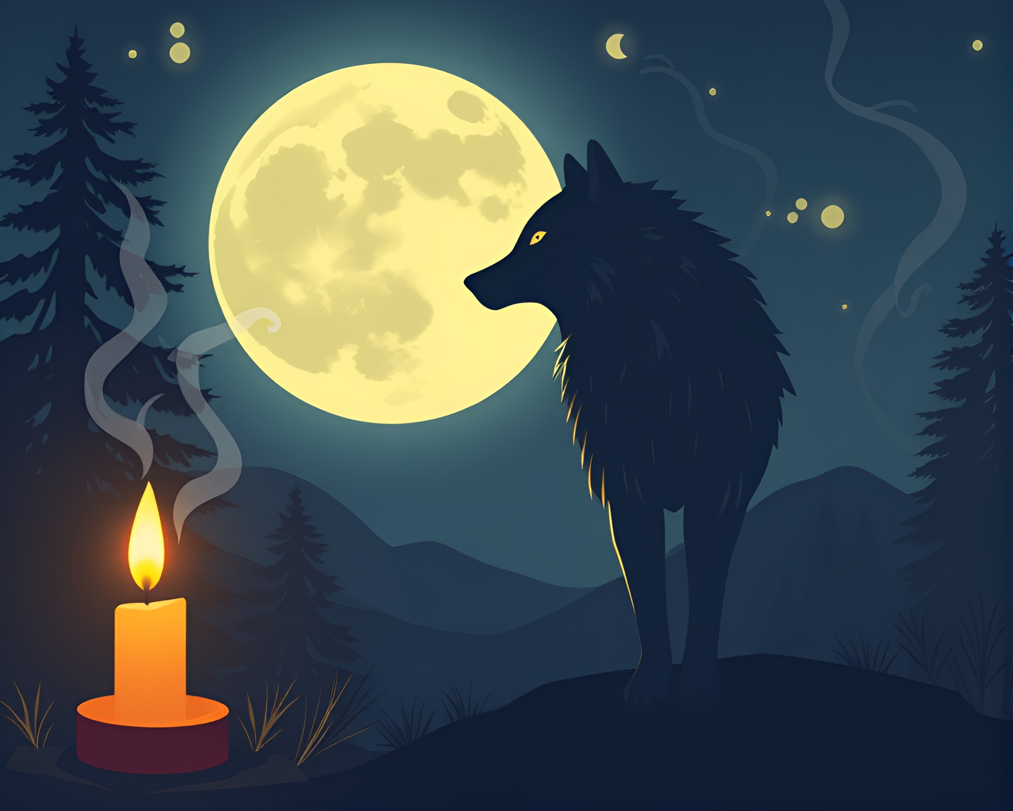 Moonlit Wolf by Torchlight Amidst Candle Smoke – free AI stock image
