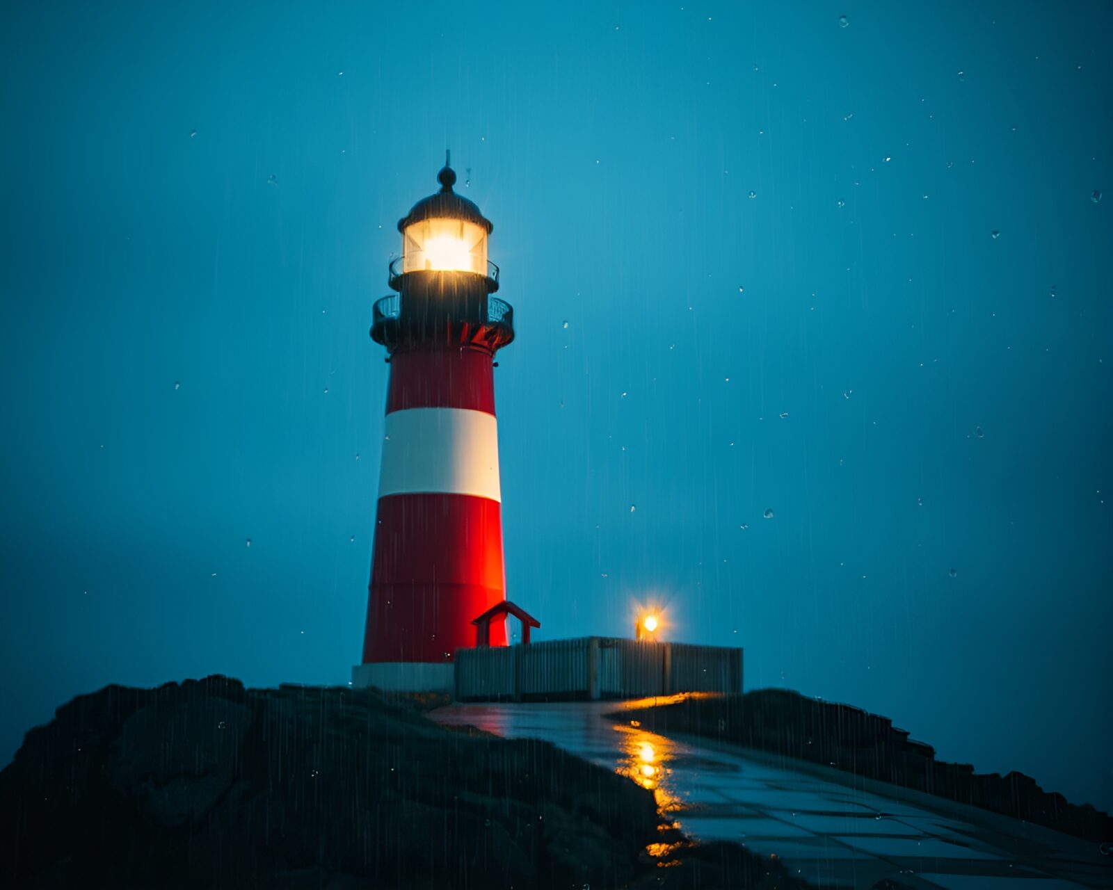 Long exposure rain droplets on lighthouse illuminated by high-key light
