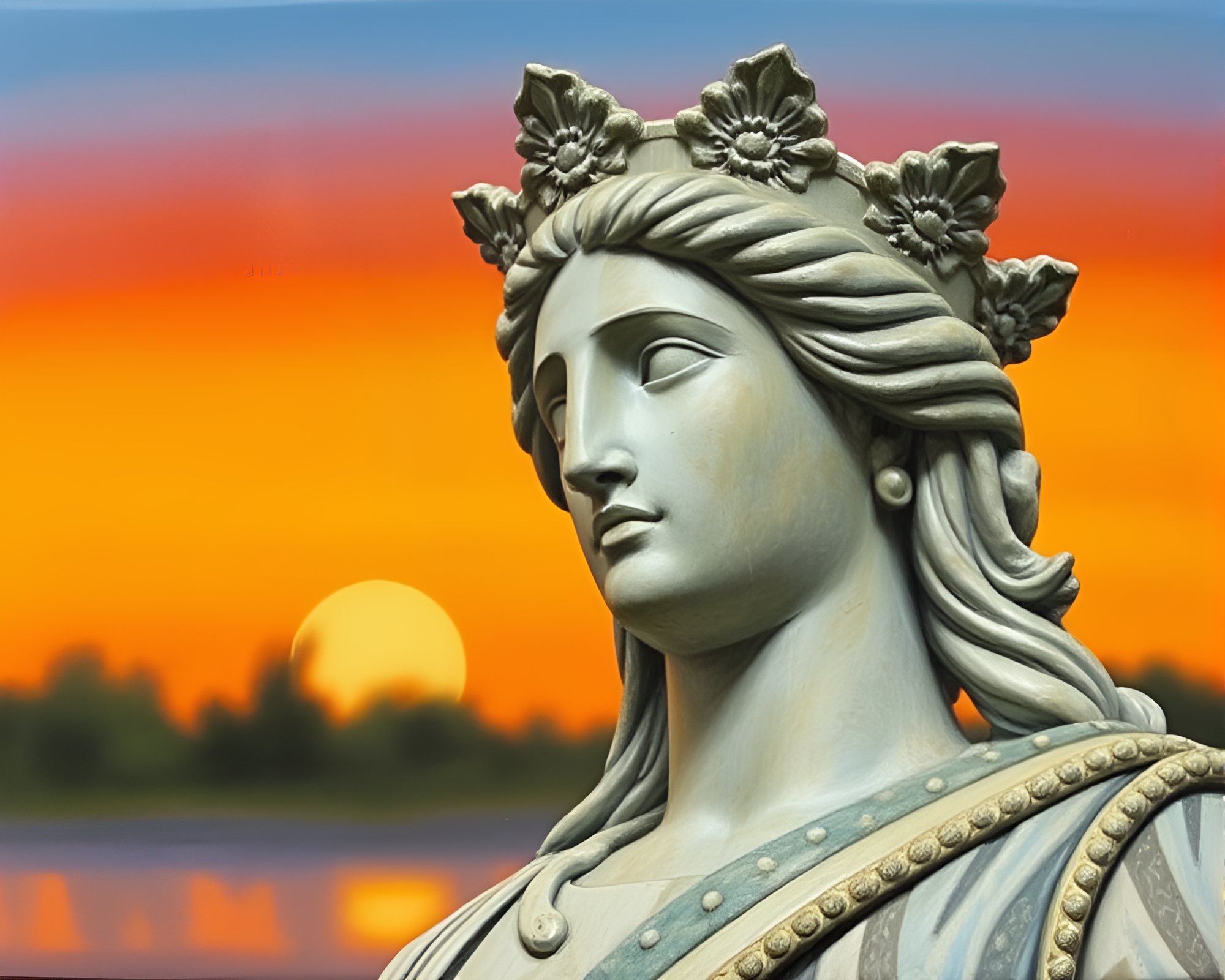 Enchanted Statue glowing in fiery sunset encaustic painting – free AI stock image