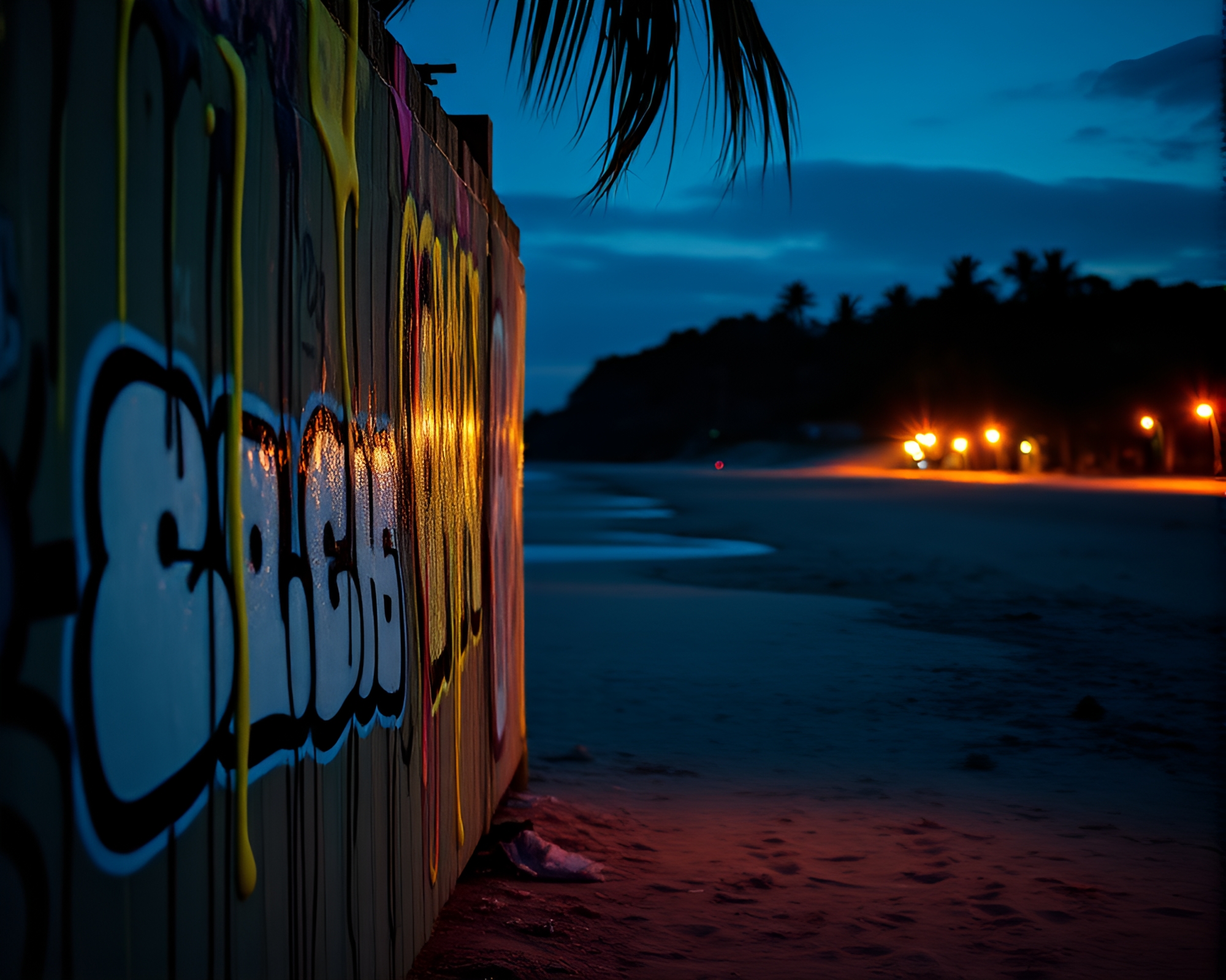 Gritty Beach Graffiti: Candlelit Tri-tone Art – free AI stock image