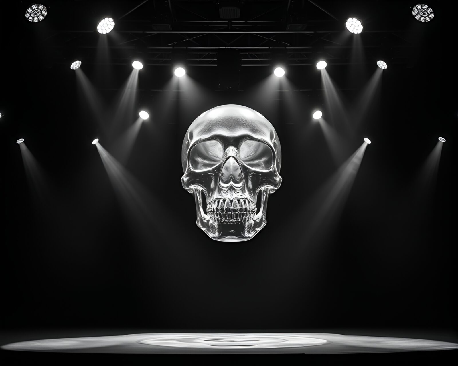 Mystical crystal skull illuminated by dramatic stage lighting