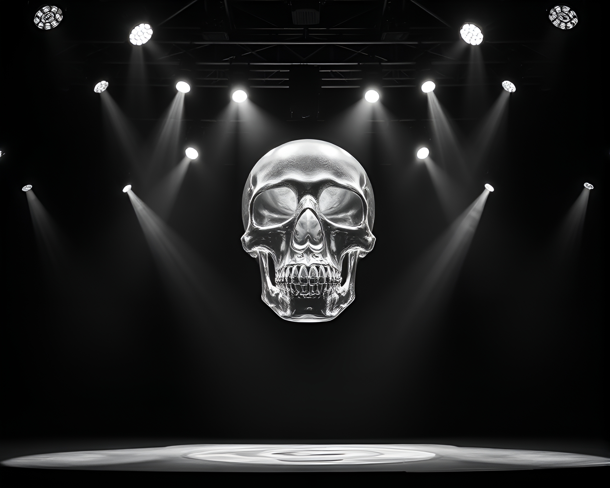 Glowing Crystal Skull in Monochrome Spotlight Scene – free AI stock image