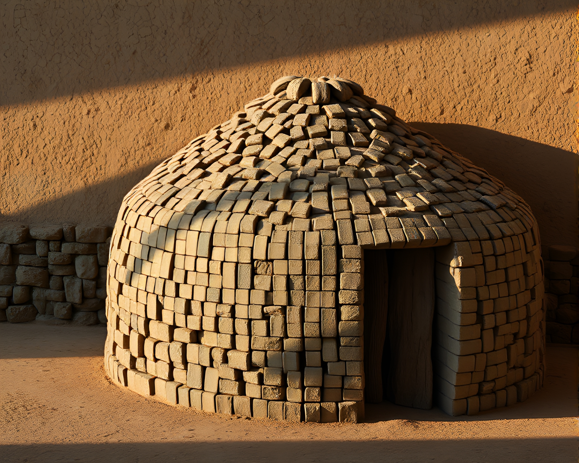 Tiled Mosaic Mud Hut Casting Muted Shadows – free AI stock image