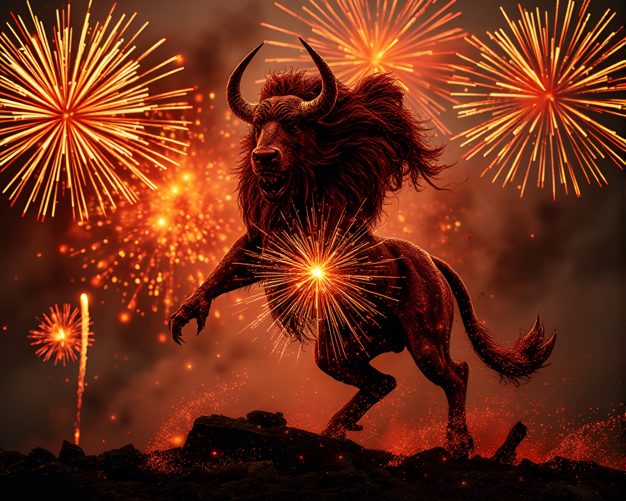 Majestic Minotaur Amid Copper Fireworks Photocollage – free AI stock image