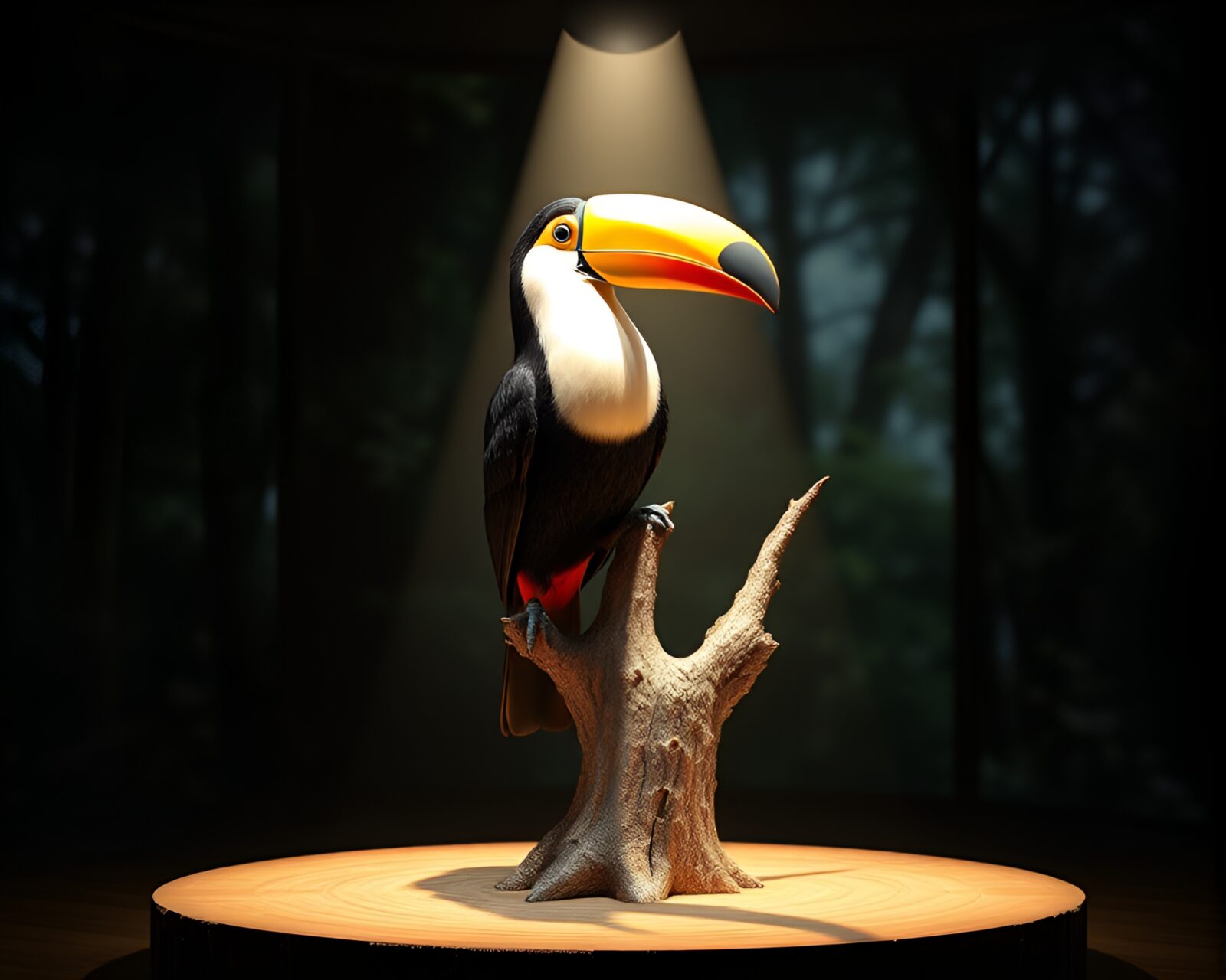 Stereoscopic 3D image showcasing colorful toucan under dramatic lighting
