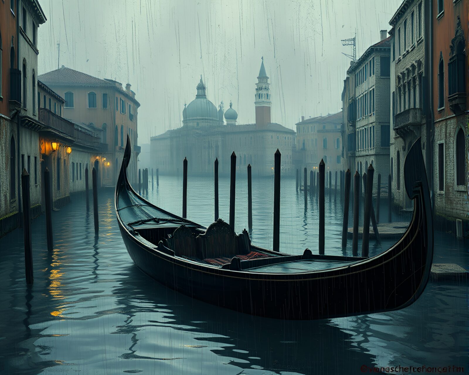 Eerie Venetian gondola engulfed by shadow and scratch textures