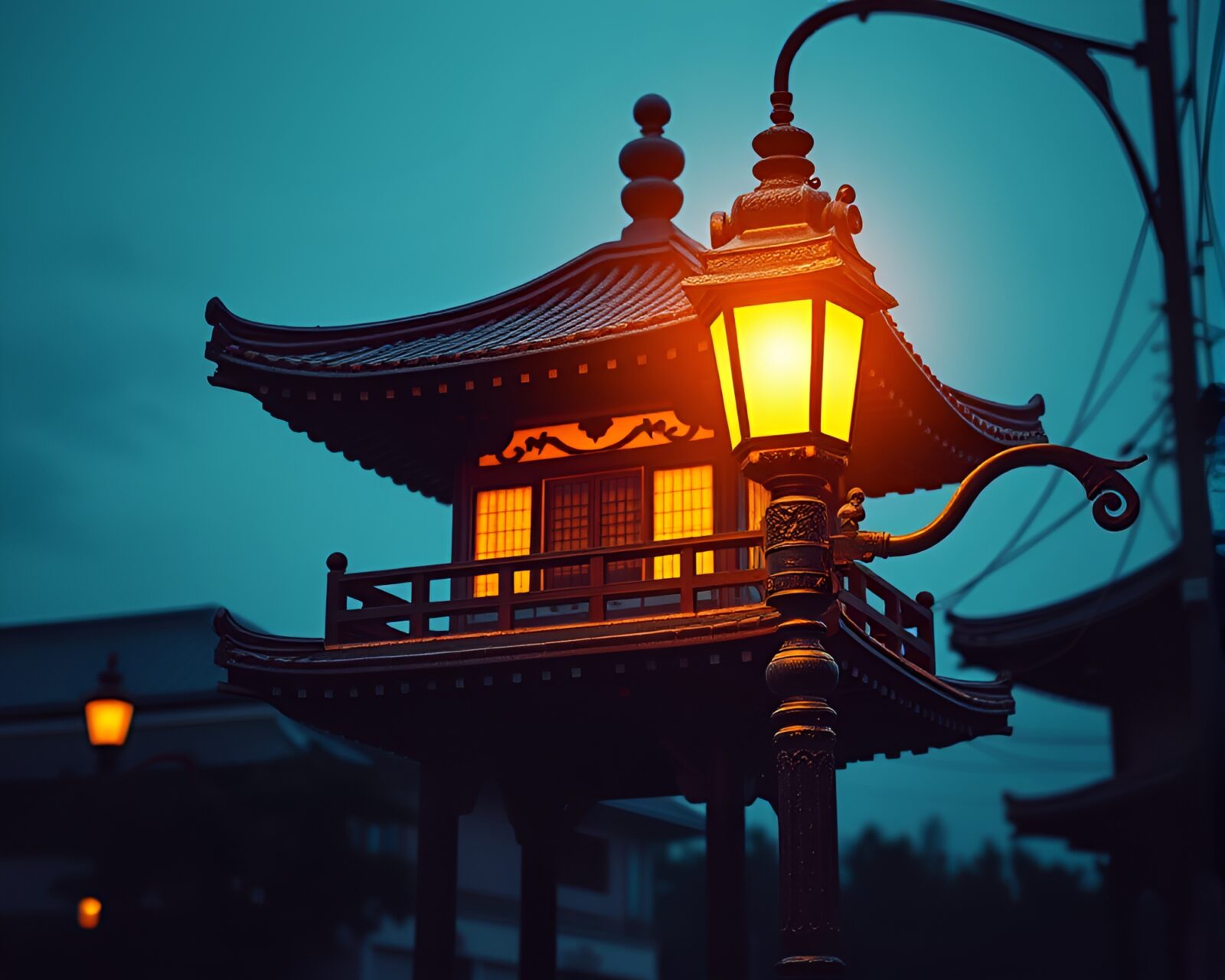 Pixelated pagoda with vibrant streetlamp lighting in cityscape