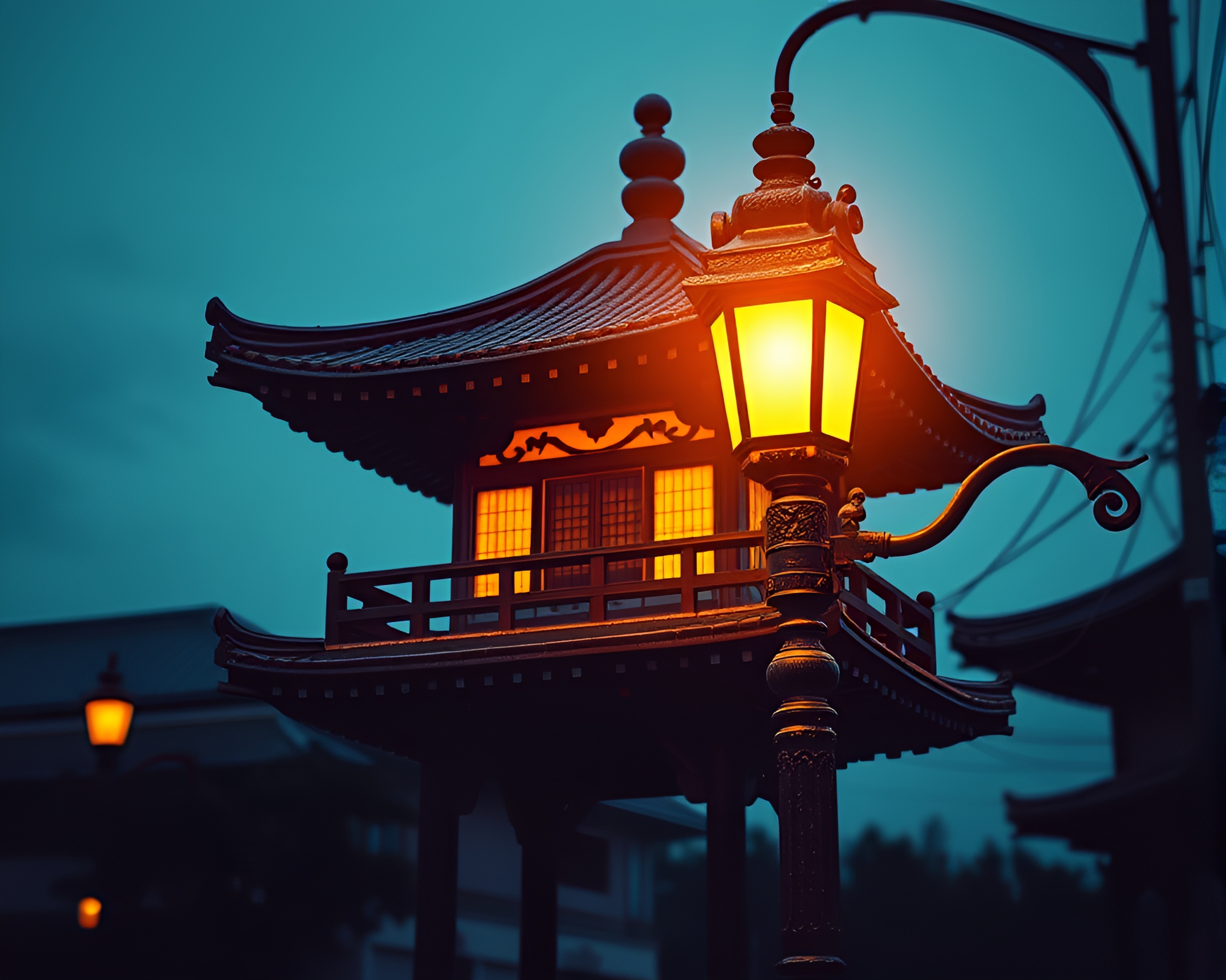 8-bit Pagoda Illuminated by Streetlamp Glow – free AI stock image
