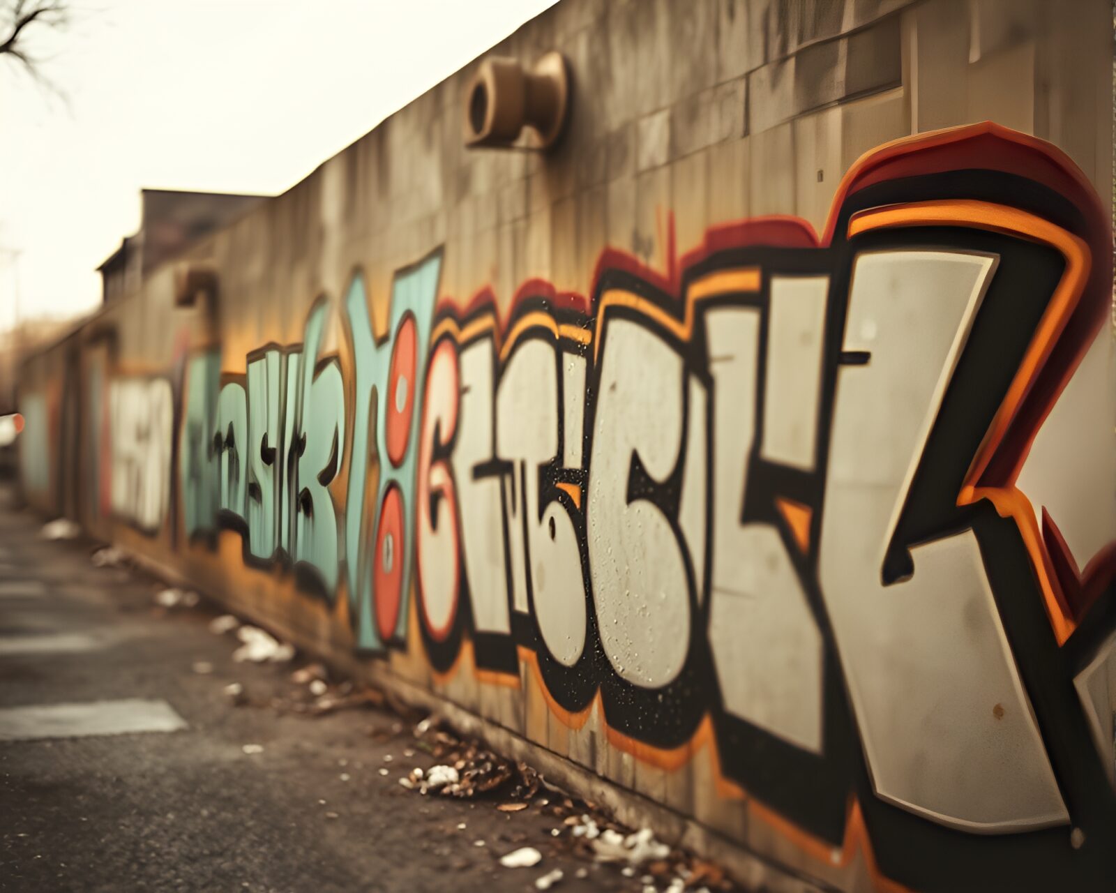Sepia-toned image of graffiti art on a plateau