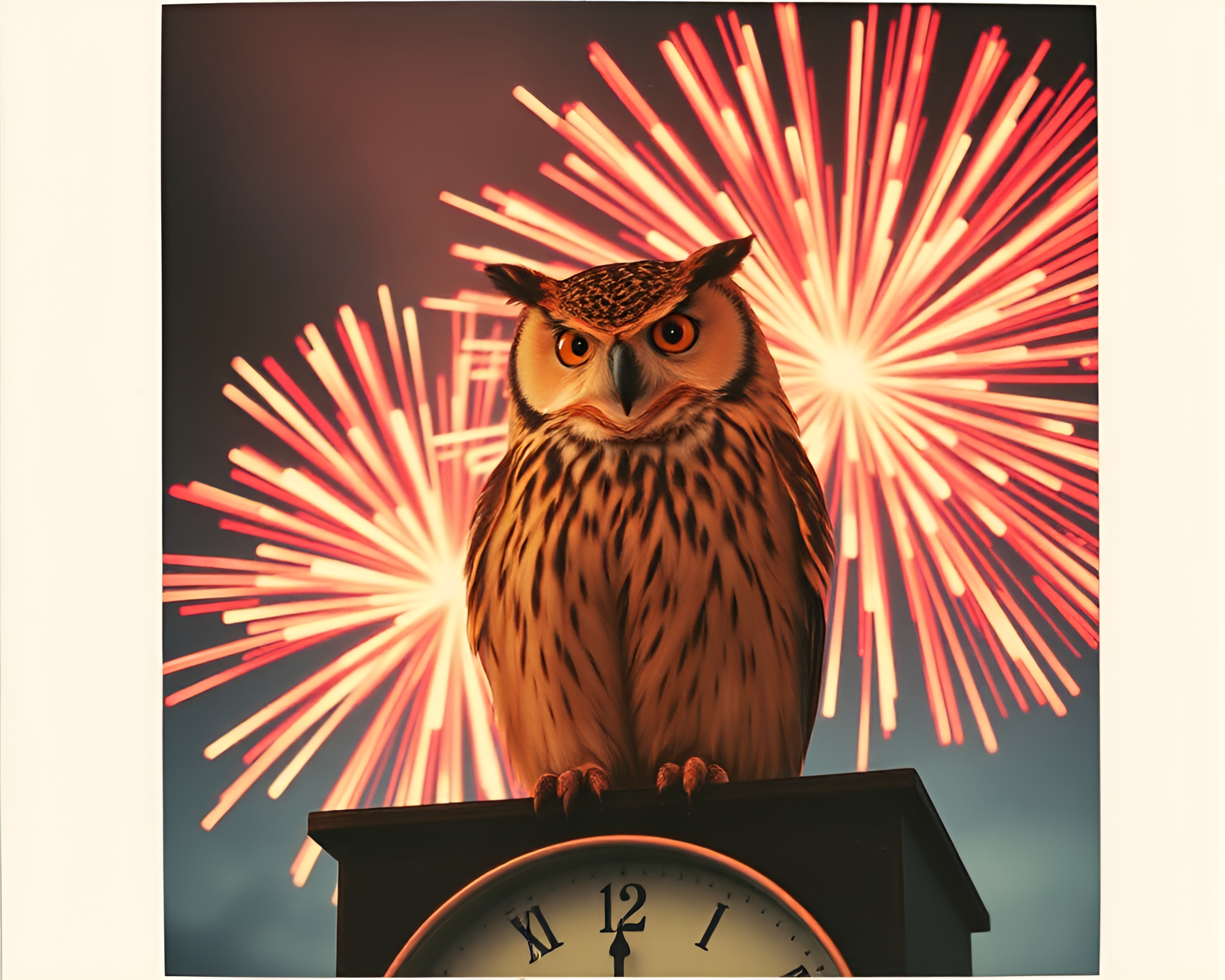 Clockwork owl with fireworks bursts in vintage polaroid – free AI stock image