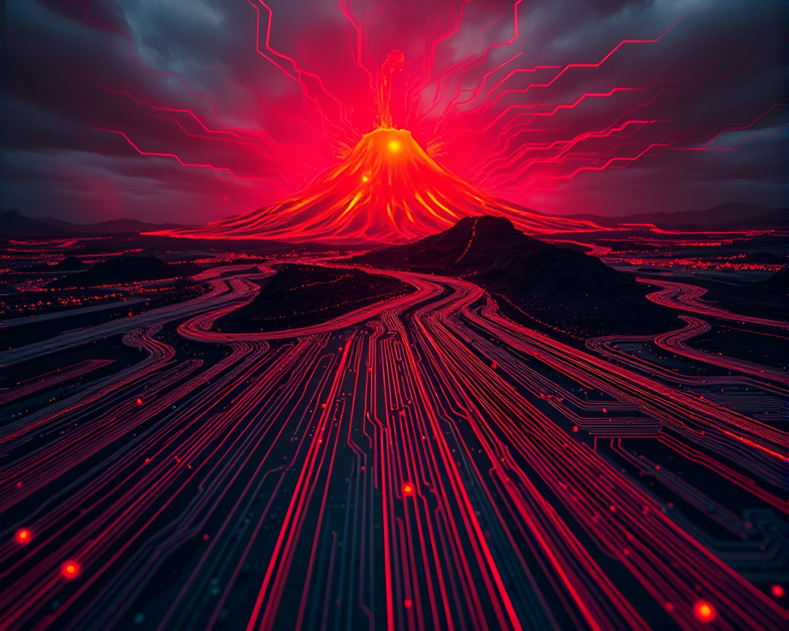 Wide-angle photo of red-glowing circuit board in dream