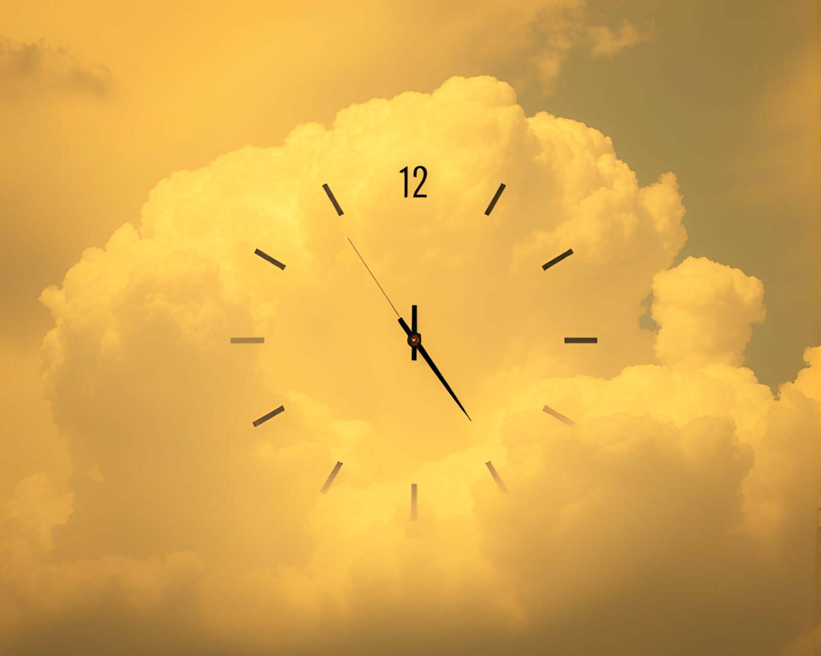 Vivid depiction of a chrono clock within swirling lemon yellow clouds