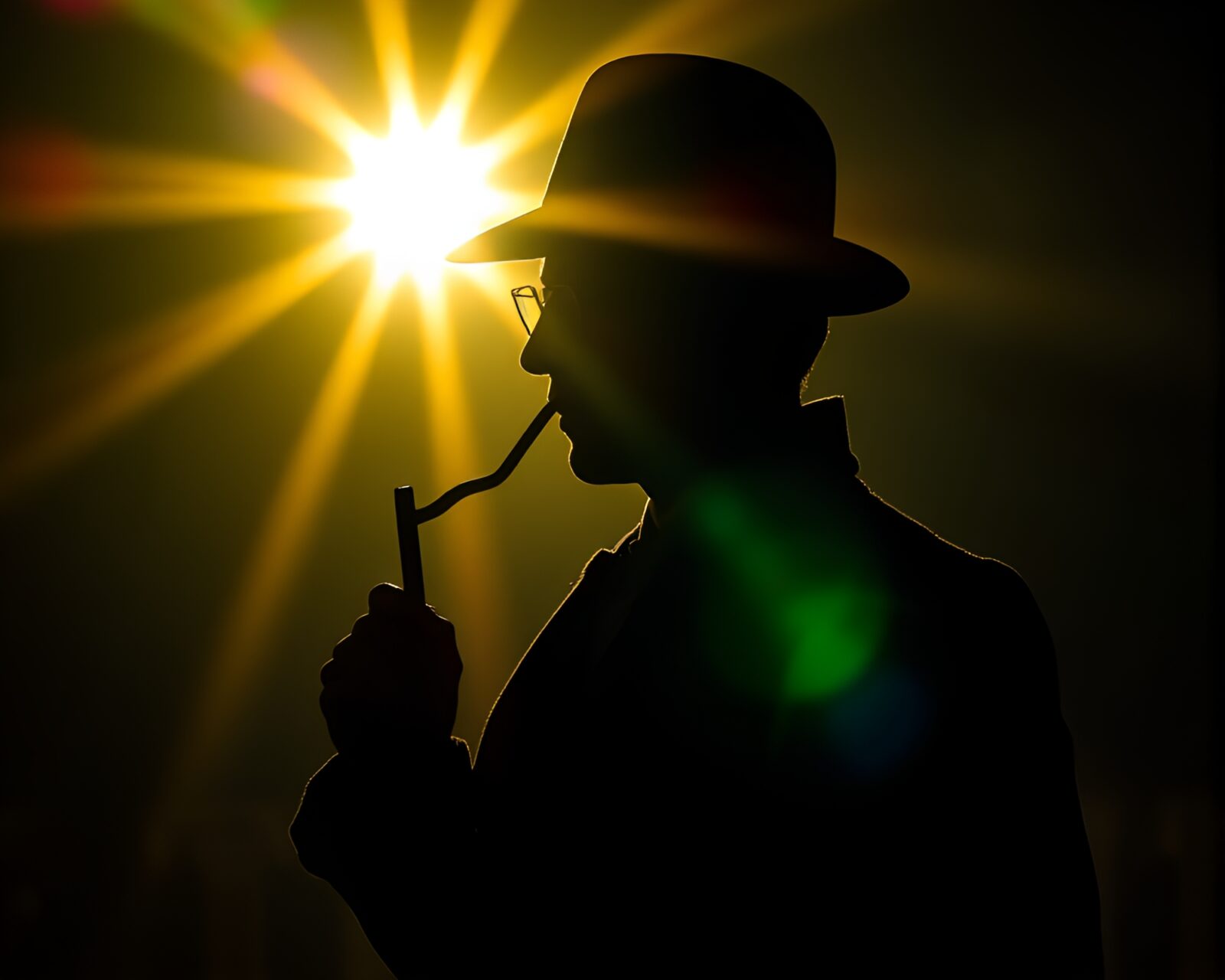 Mysterious silhouette in luminous iridescent sun rays through shadows