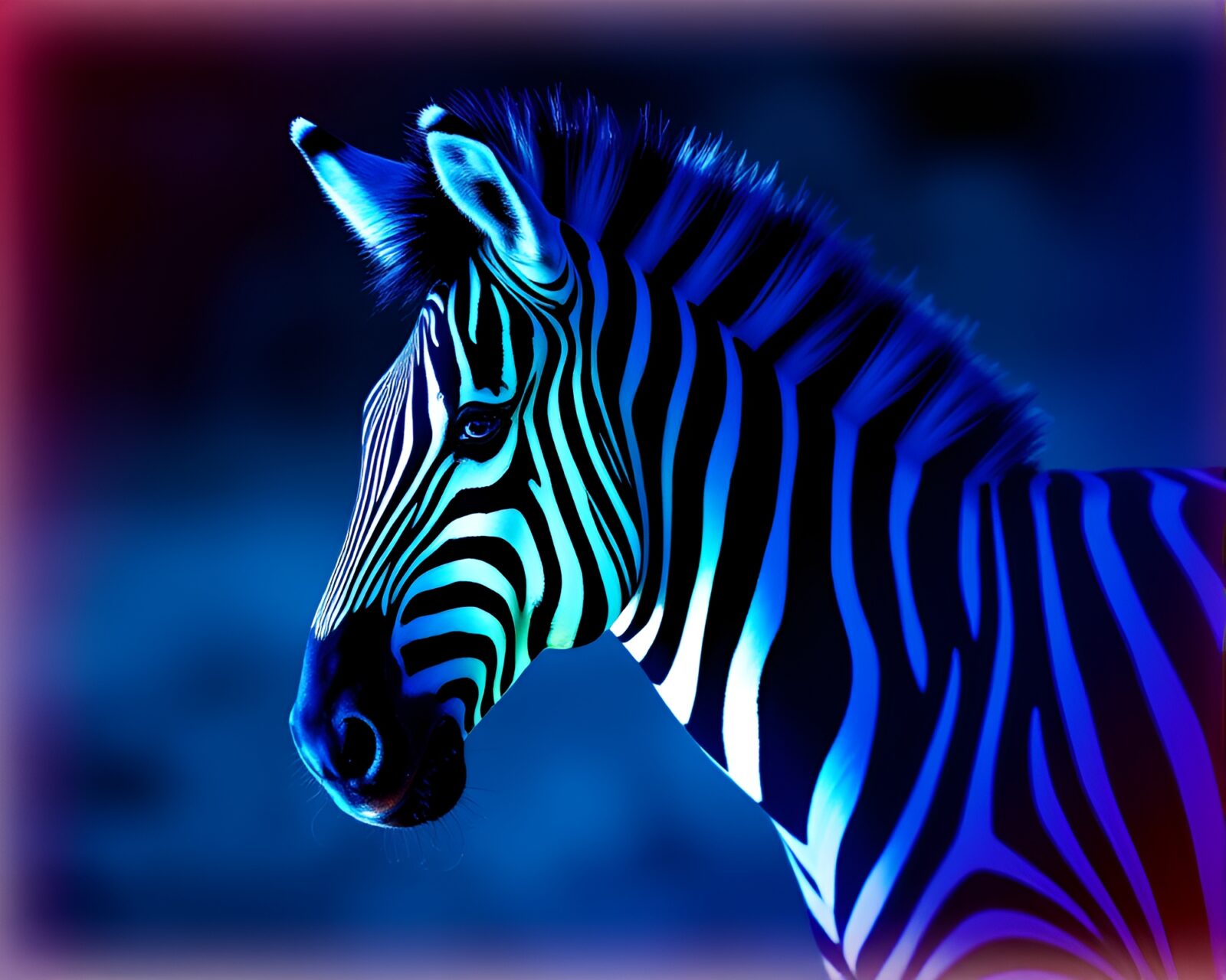 Neon-hued zebra in a surreal miniature scene