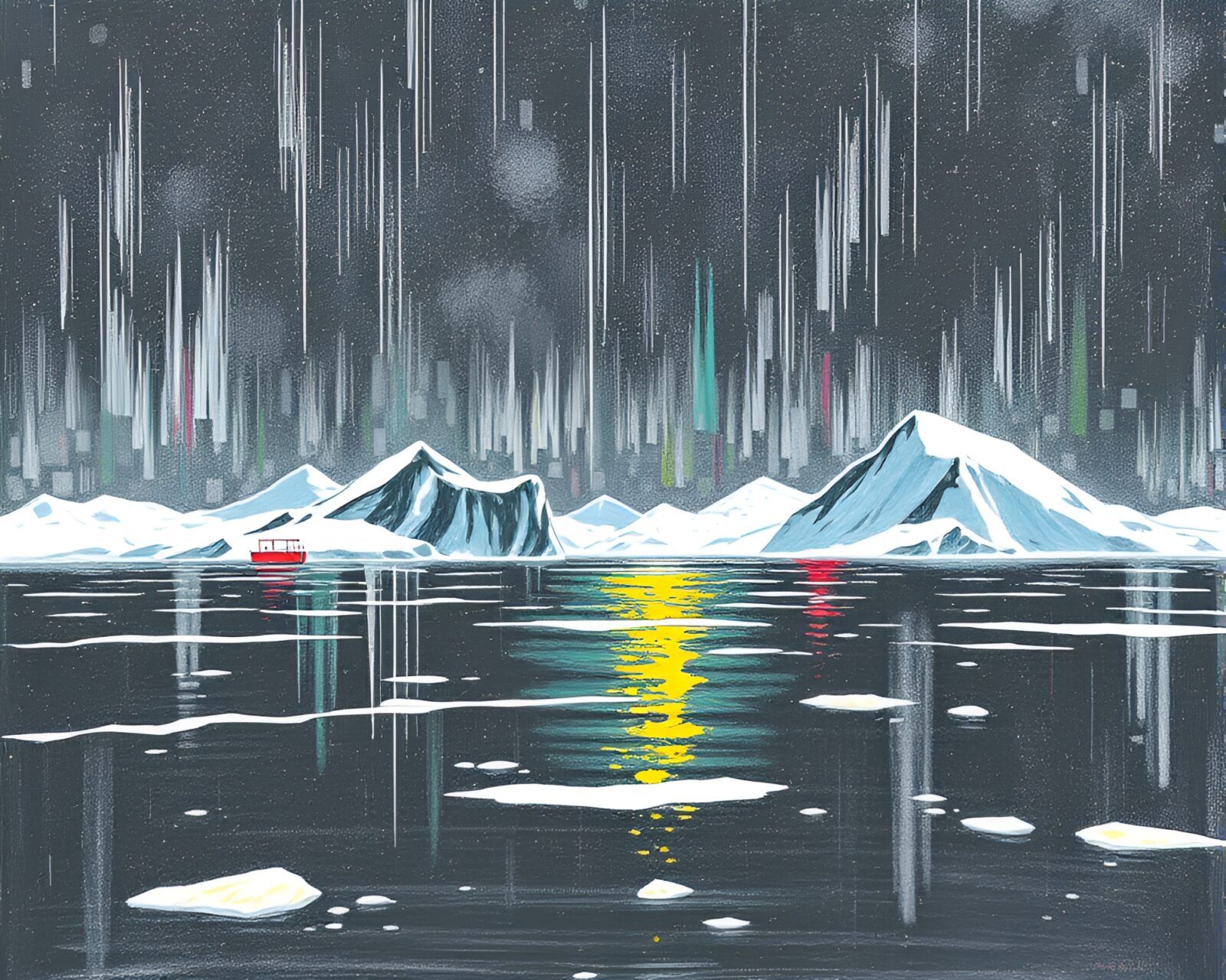 Abstract conté drawing of glitchy oasis in whiteout snow