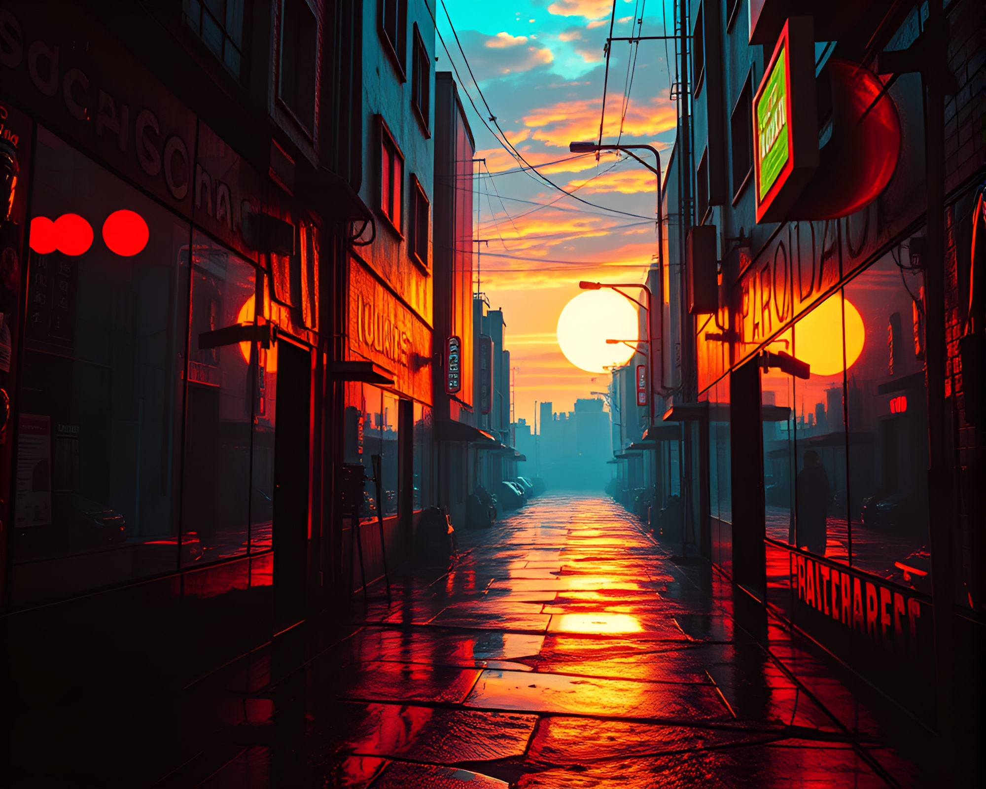 Cubist Cyberpunk Alley Bathed in Warm Sunset Reflections – free AI stock image
