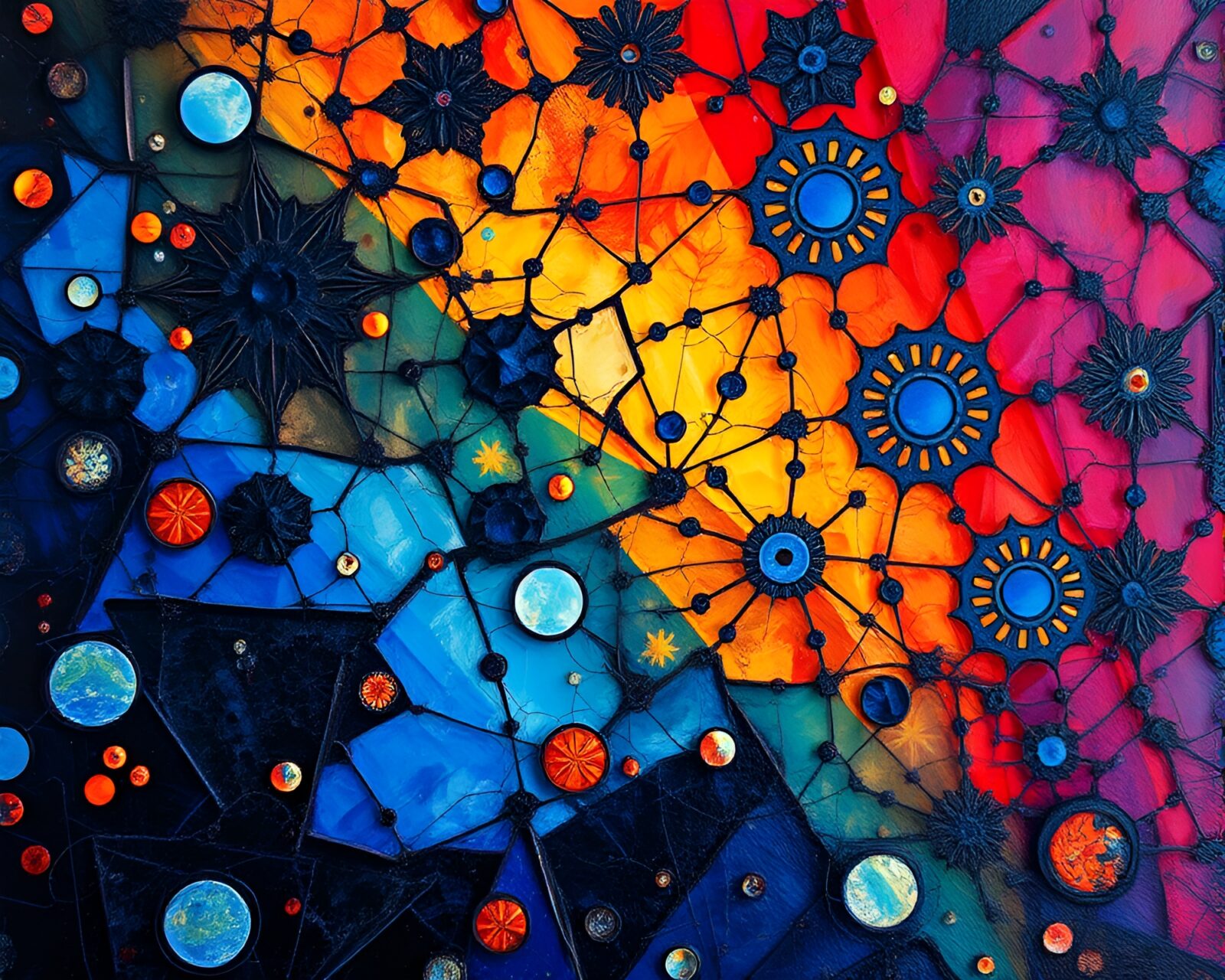 Eerie cobalt blue fragments colliding in gothic kaleidoscope.