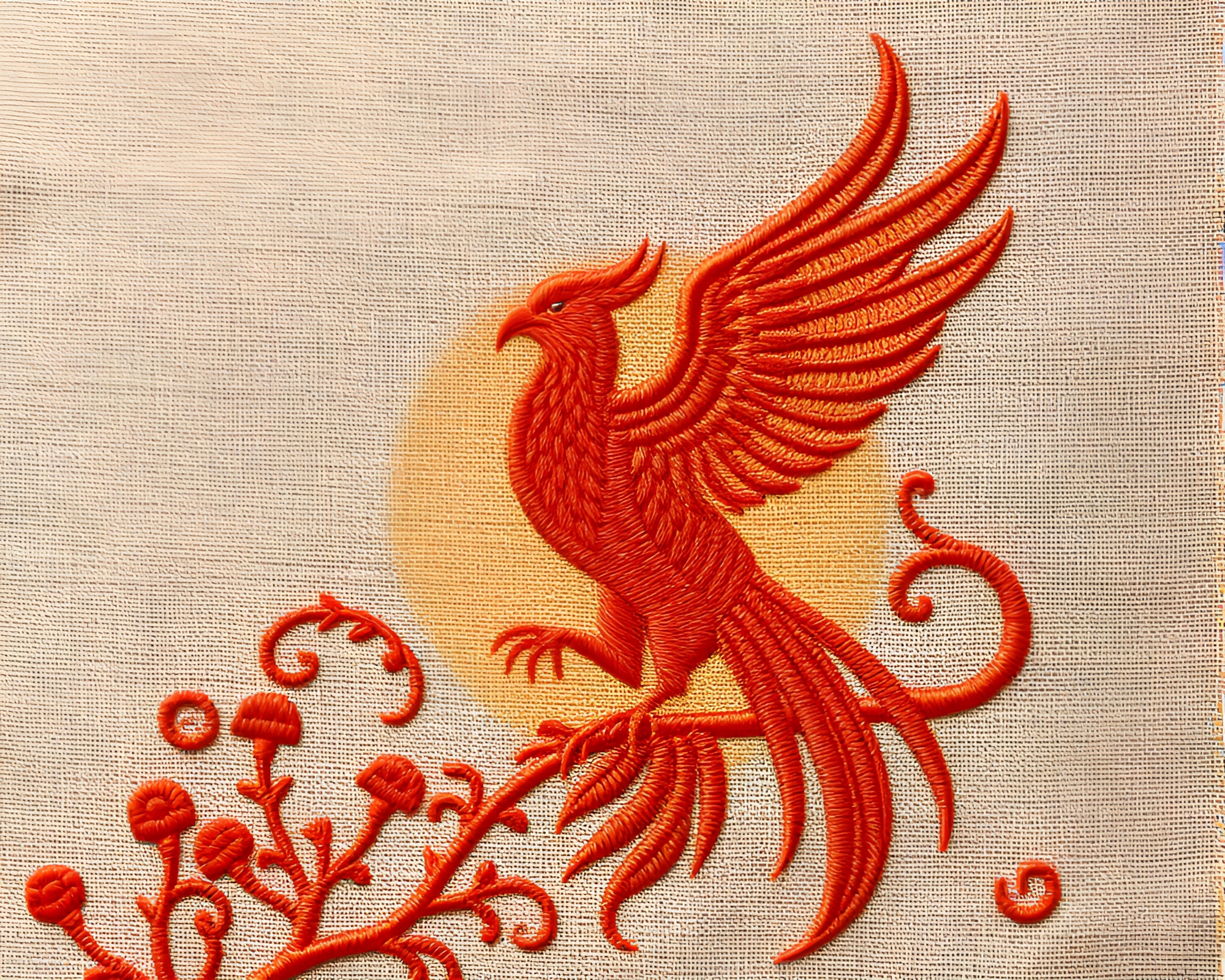Magnificent Phoenix Embroidery with Crosshatch Shading Detail – free AI stock image