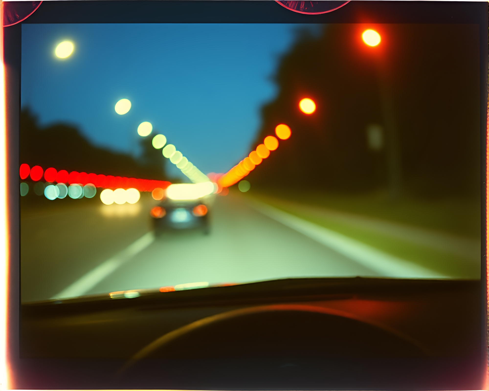Vibrant Car Light Trails with Chameleon in Polaroid Frame – free AI stock image