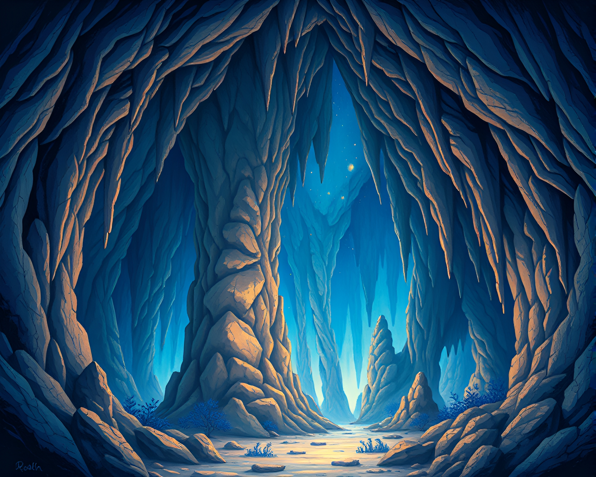 Mystical Cave with Cobalt Blue Stalactites – free AI stock image