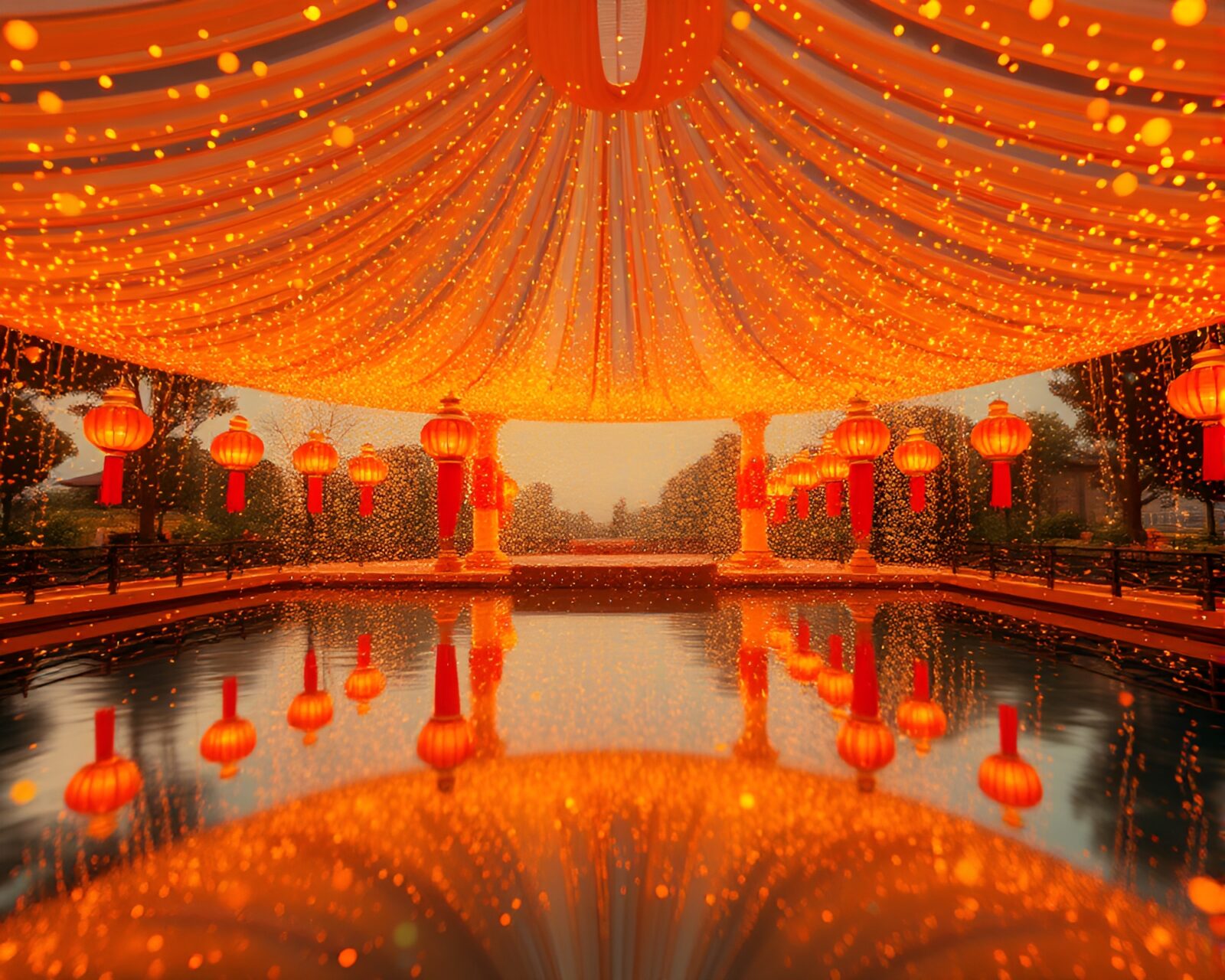 Ethereal pavilion floating amidst holographic specks, warm glow