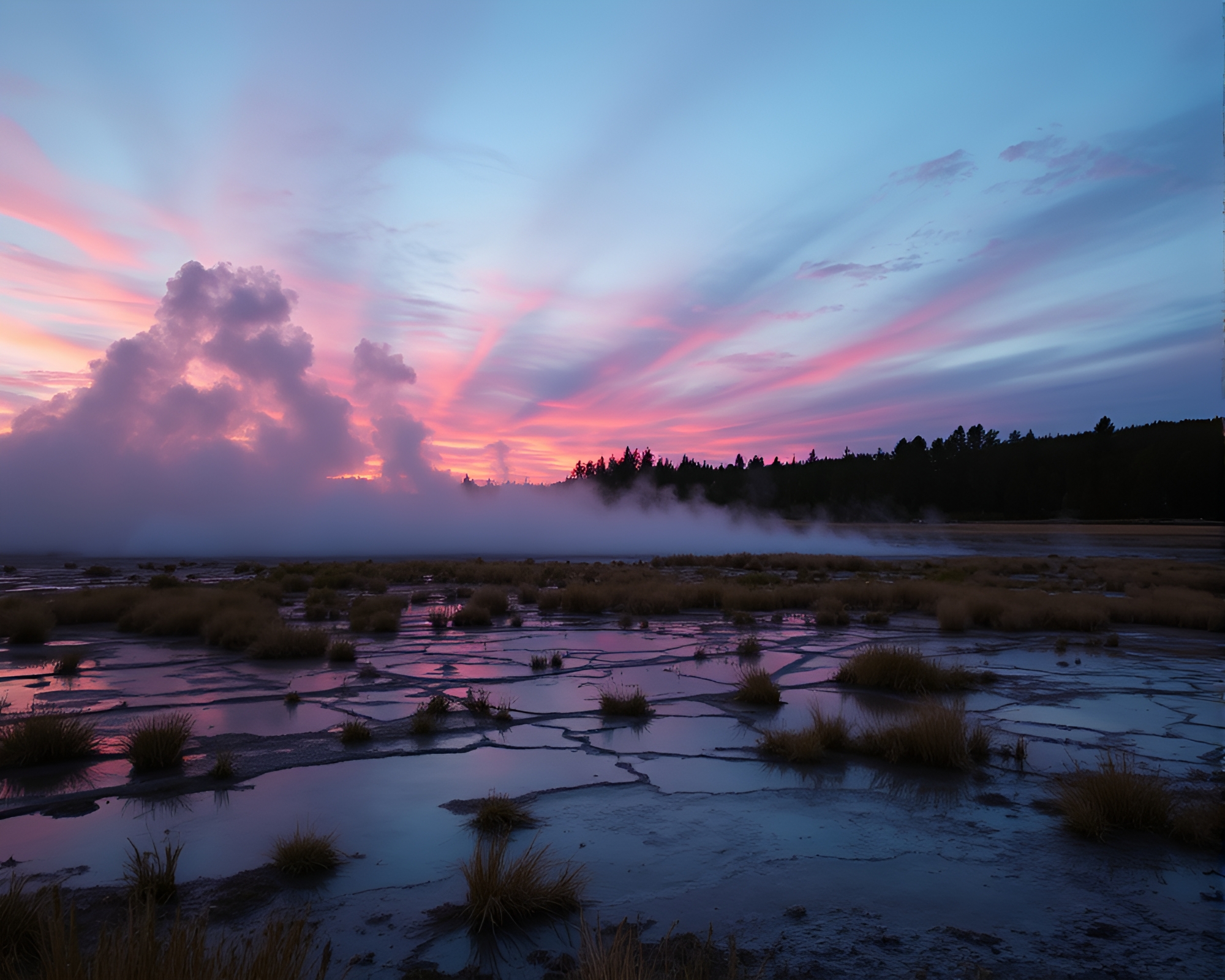 Geyser Field at Dusk: Holographic Street Art Tags – free AI stock image