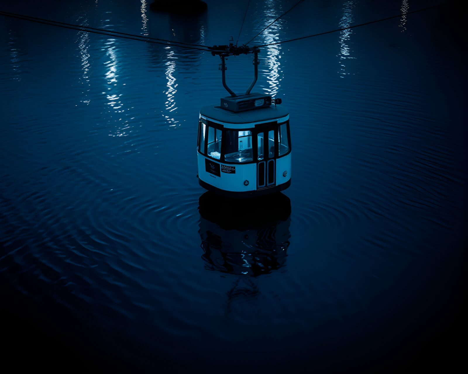 HDR monochrome blue scene of cable car reflected on rippled water