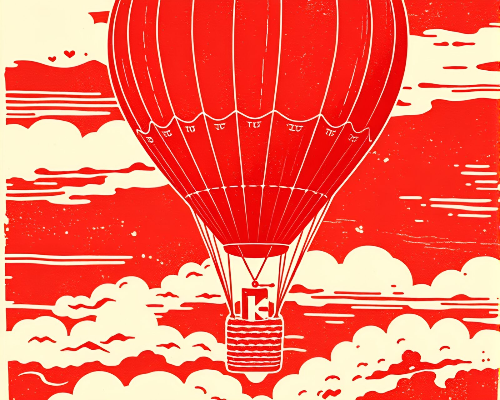 Vivid ruby red hot air balloon floating in textured sky