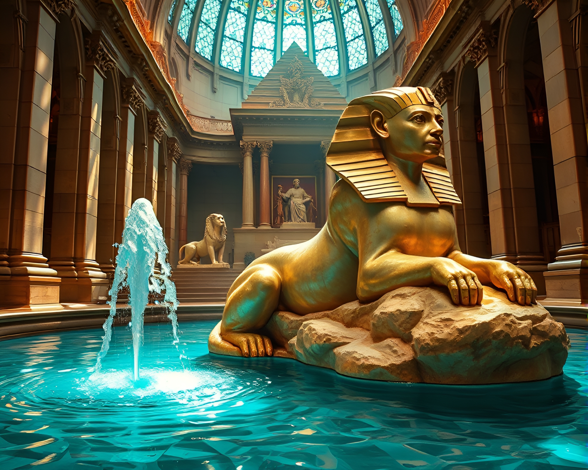 Majestic Sphinx Statue in Cathedral Water Whirlpool – free AI stock image