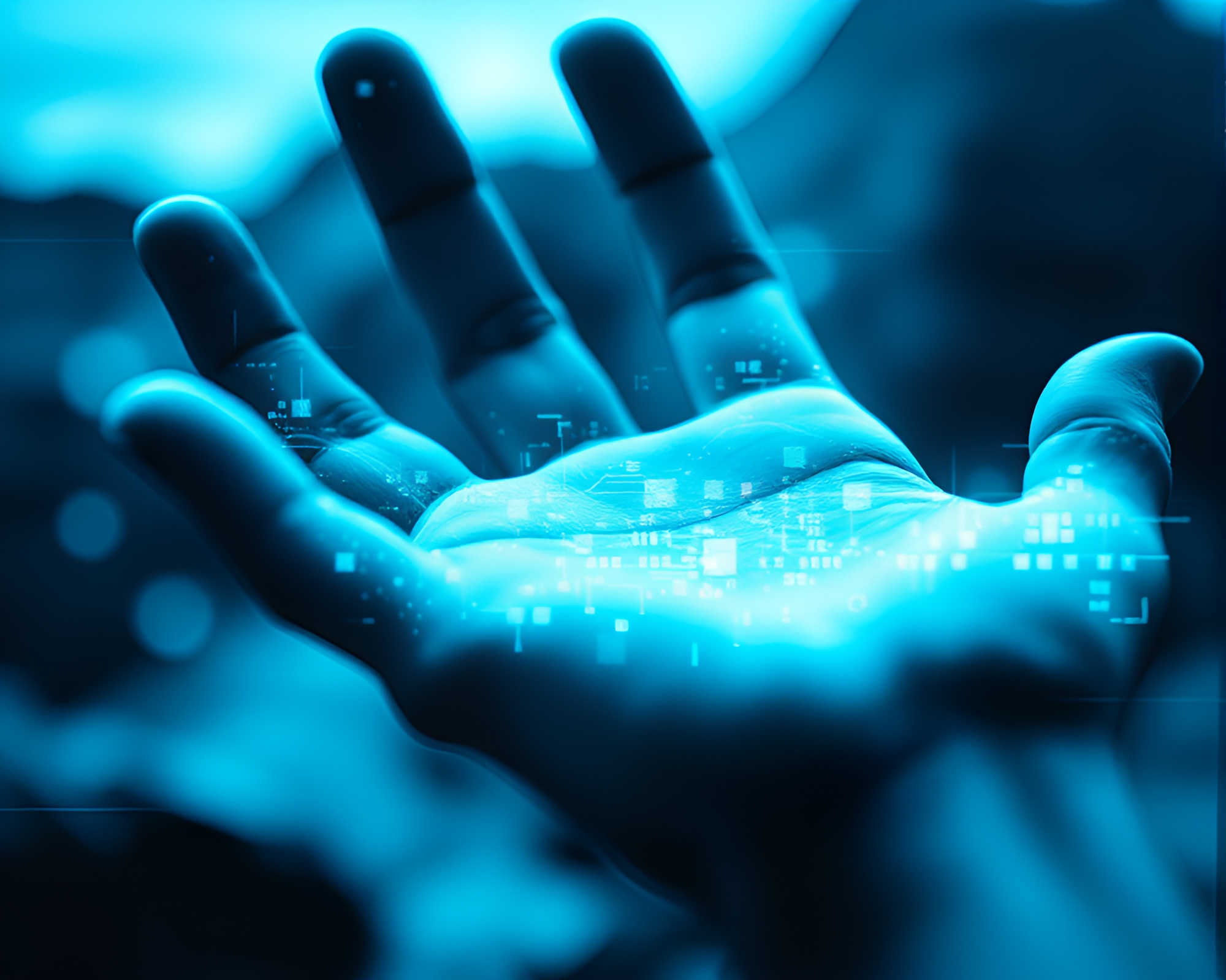 Glowing Cybernetic Hand Fractals Merge in Deep Blue Ocean – free AI stock image