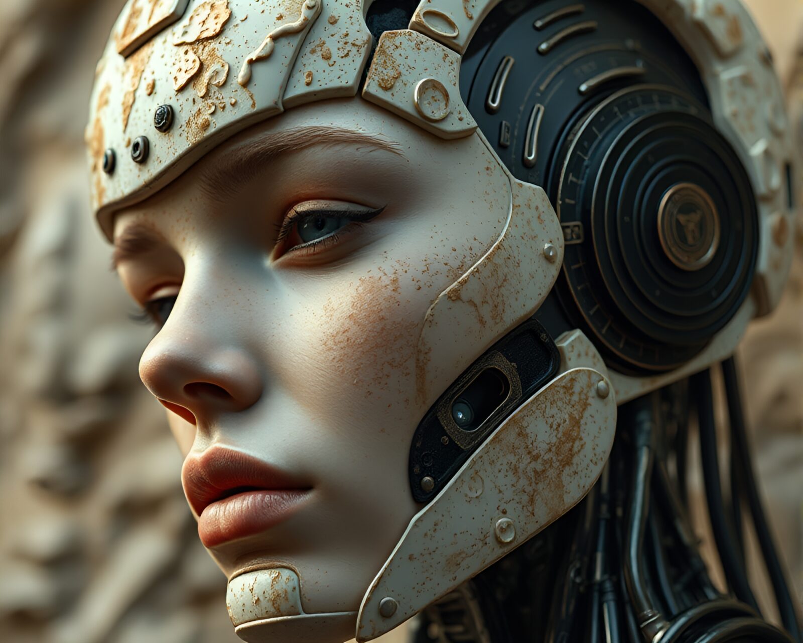 Candid cyborg in oil-rich skeuomorphic composition