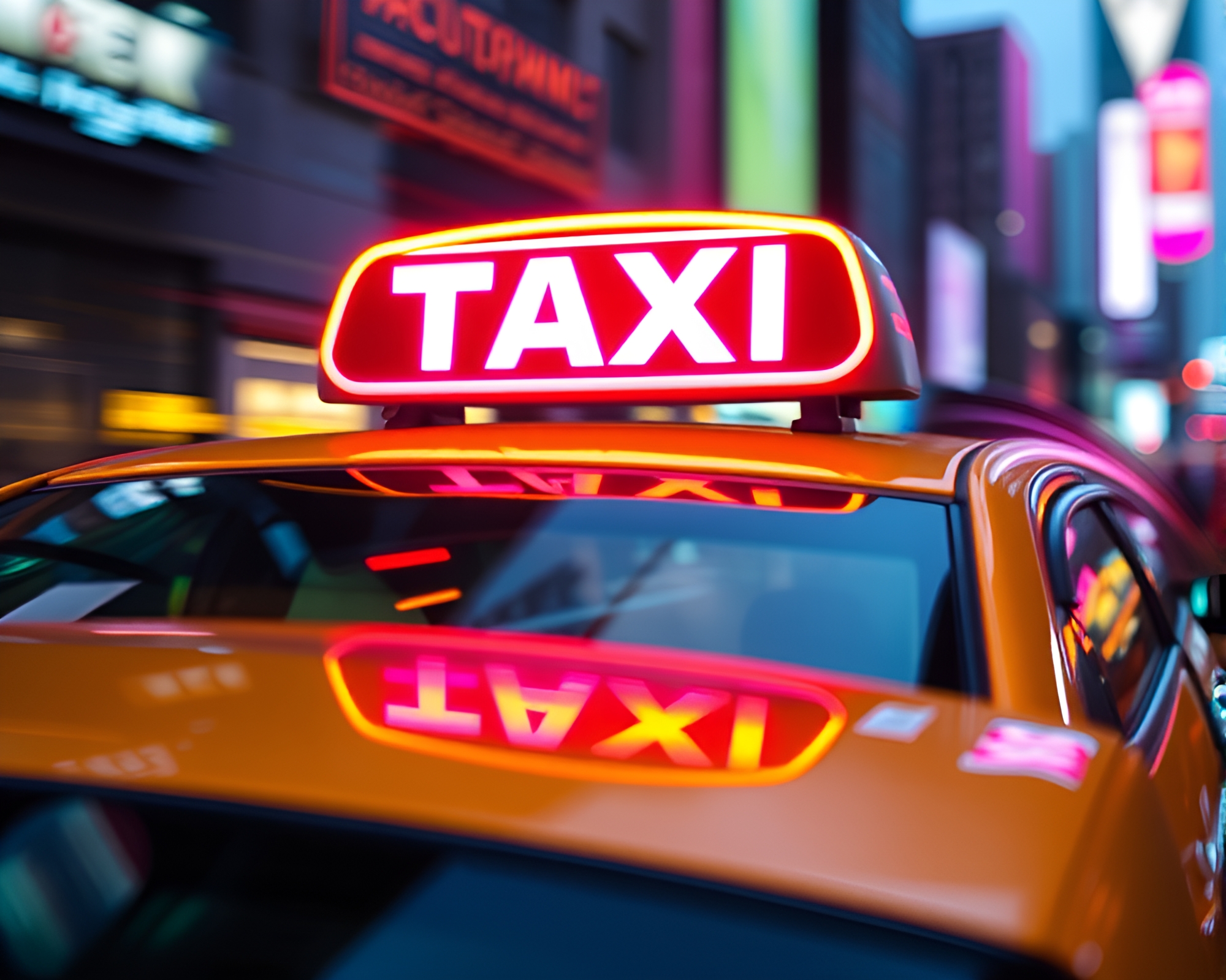 Cityscape with Neon Taxi Streaks in Holographic Ambiance – free AI stock image