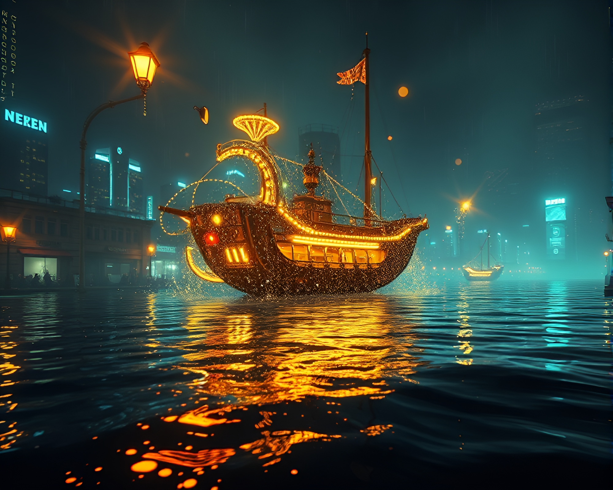 Steampunk Airship in Water Distortion Streetlamp Glow – free AI stock image