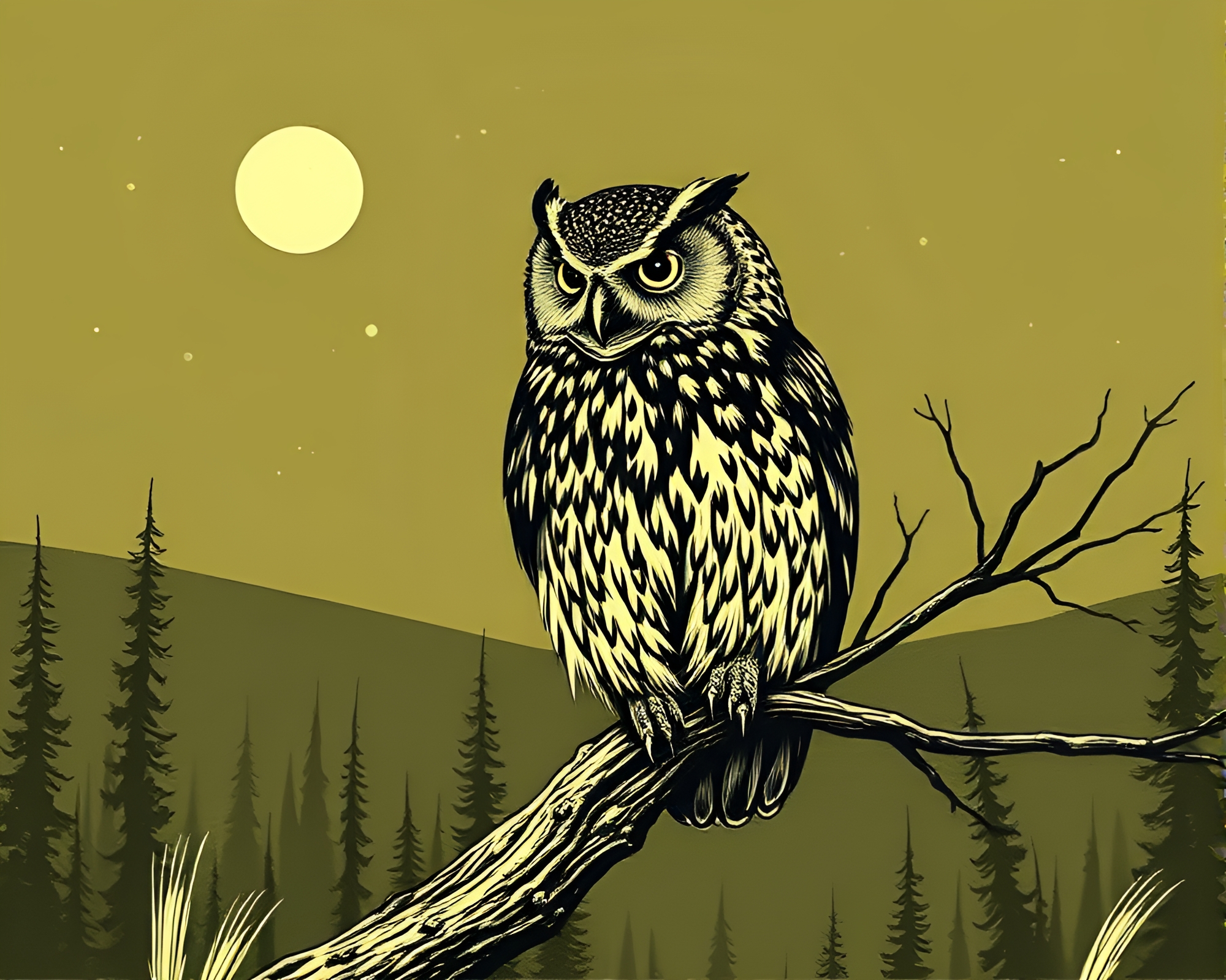 Clockwork Owl in Olive Drab Landscape Etching Art – free AI stock image