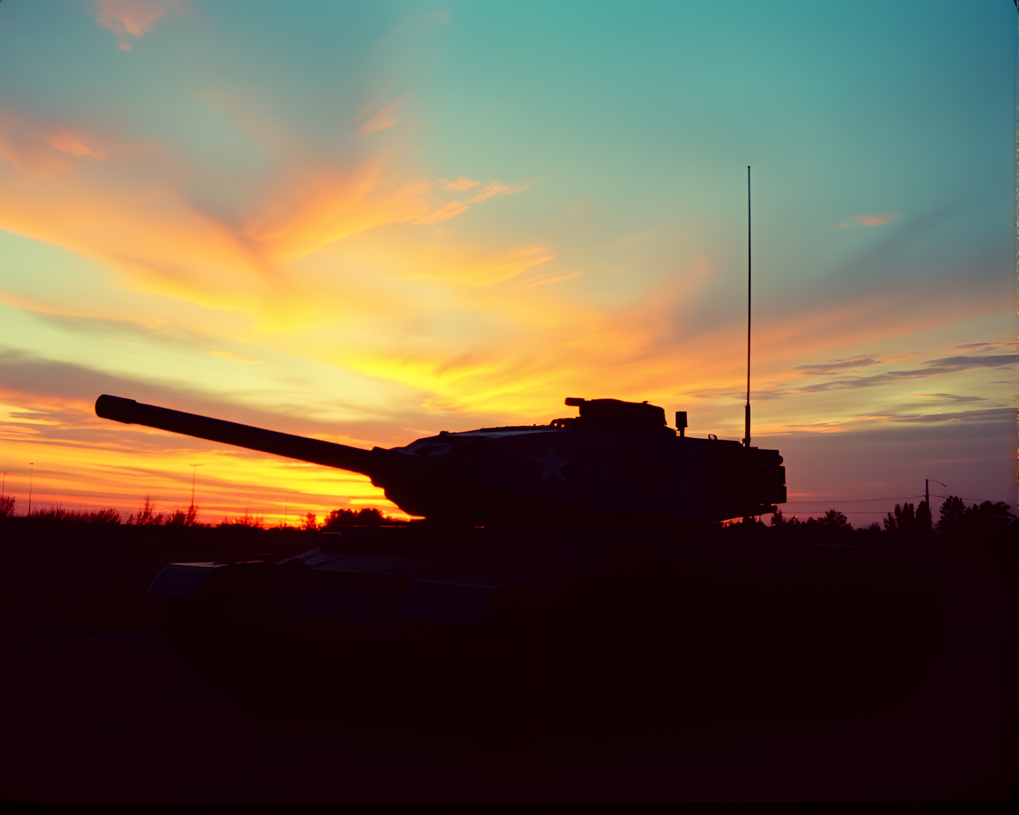 Expressionist Tank Silhouetted by Warm Sunset Film Hues – free AI stock image