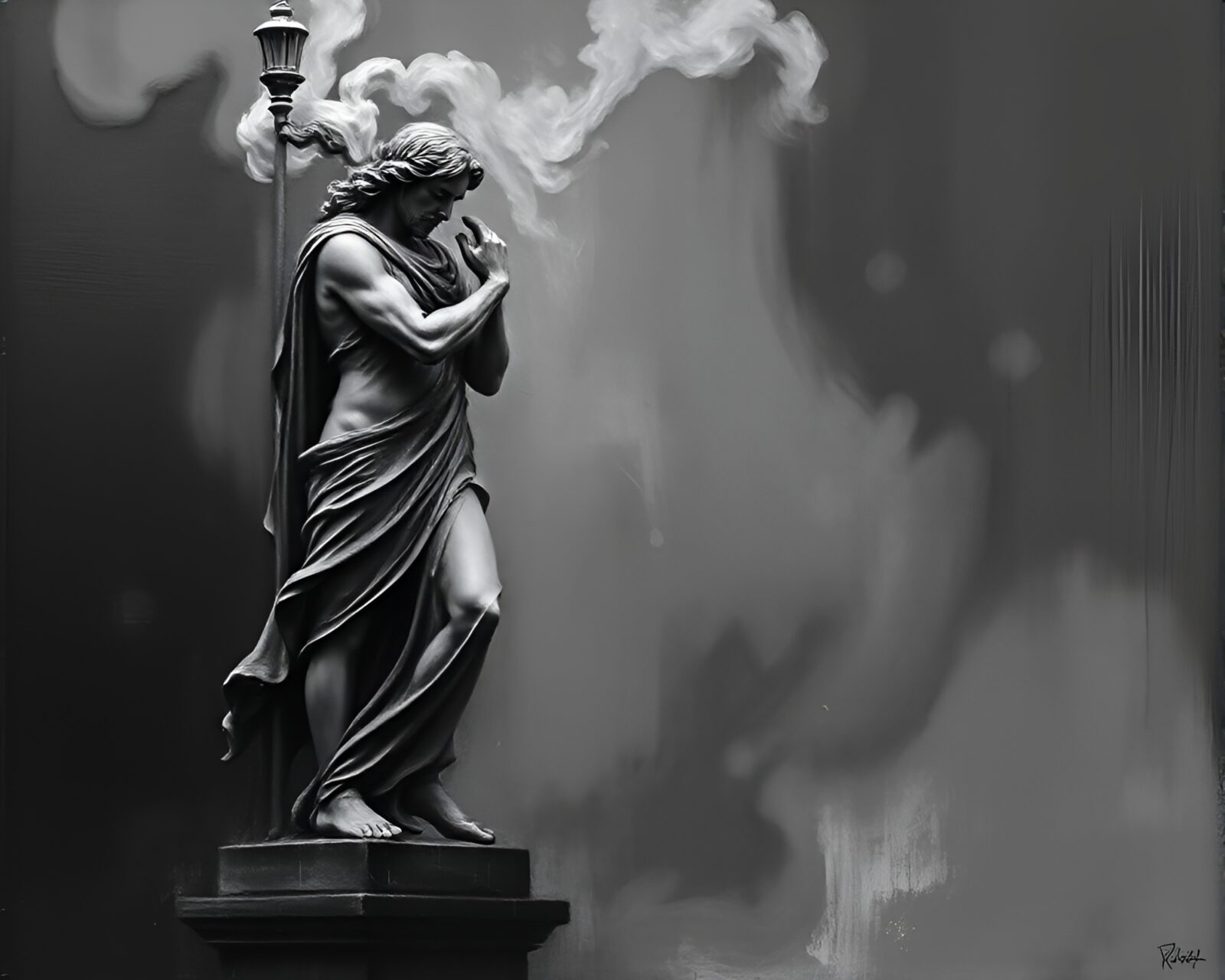 Enigmatic statue cloaked in steam against dark backdrop