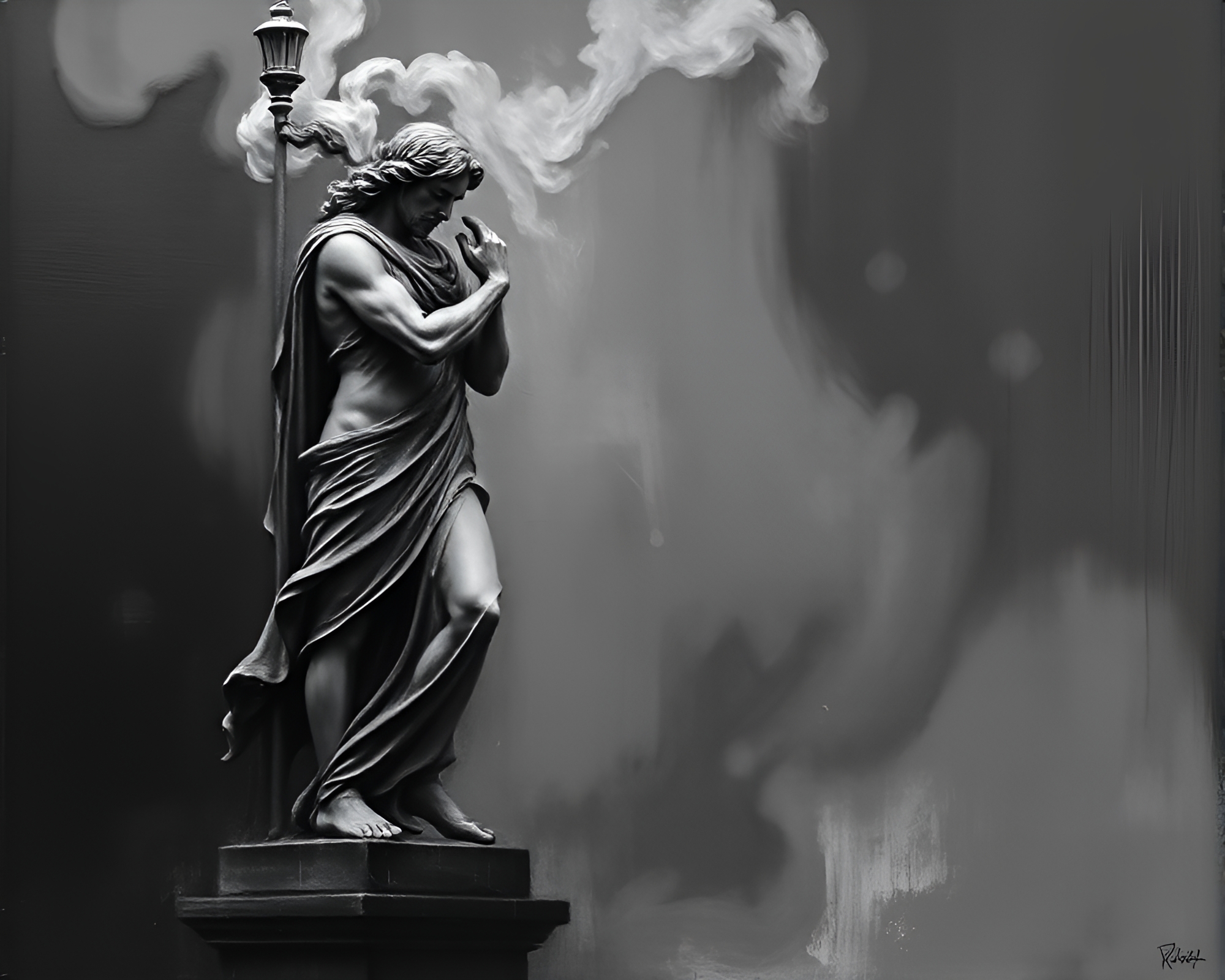 Mystical Steam-Enshrouded Statue in Charcoal Fresco – free AI stock image