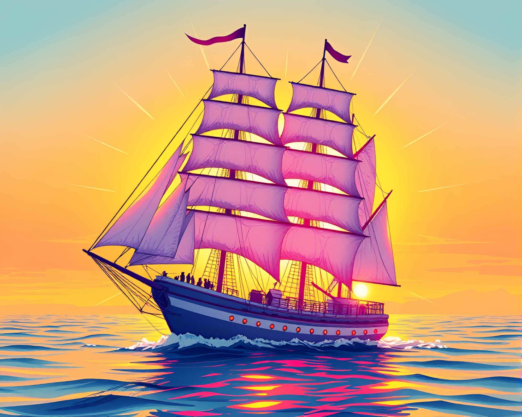 Sunburst Lens: Classic Sailing Ship in Pastel Neon – free AI stock image
