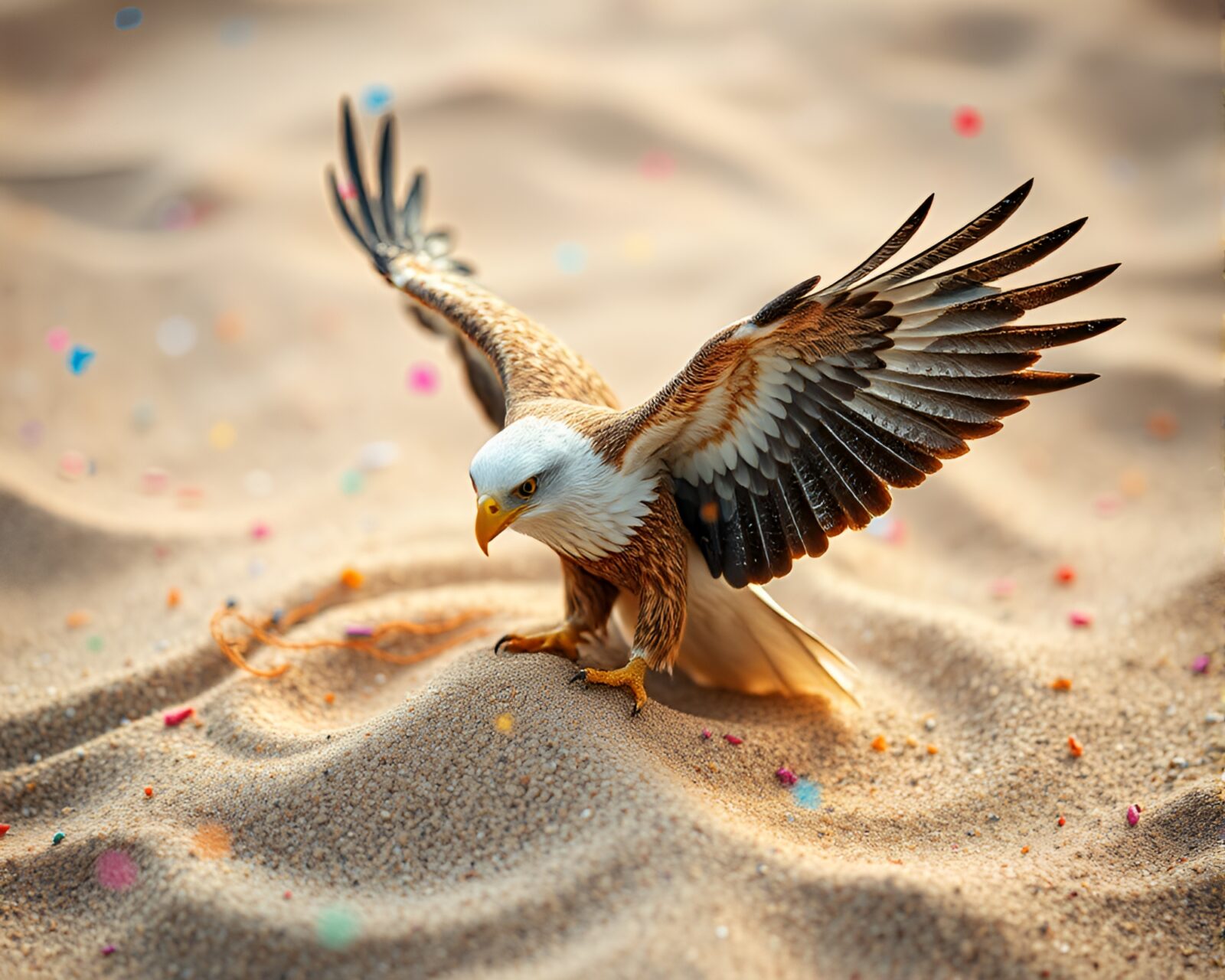 Shallow depth of field image of eagle amidst swirling sand