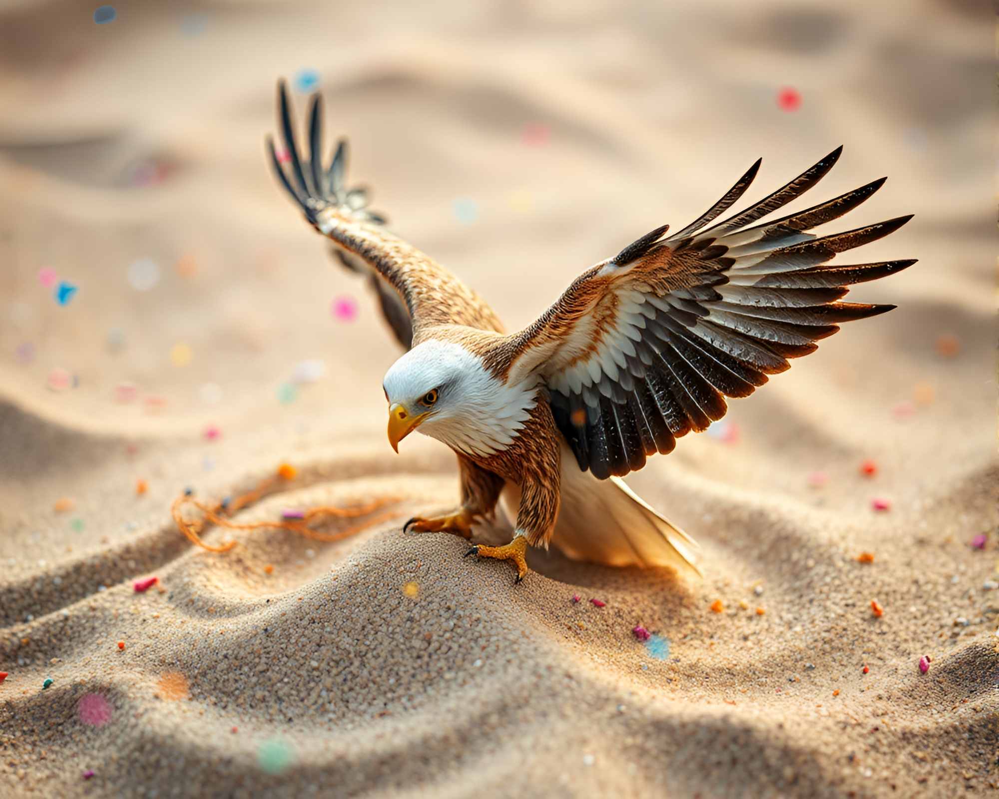 Eagle Soaring Above Vibrant Sand Confetti – free AI stock image
