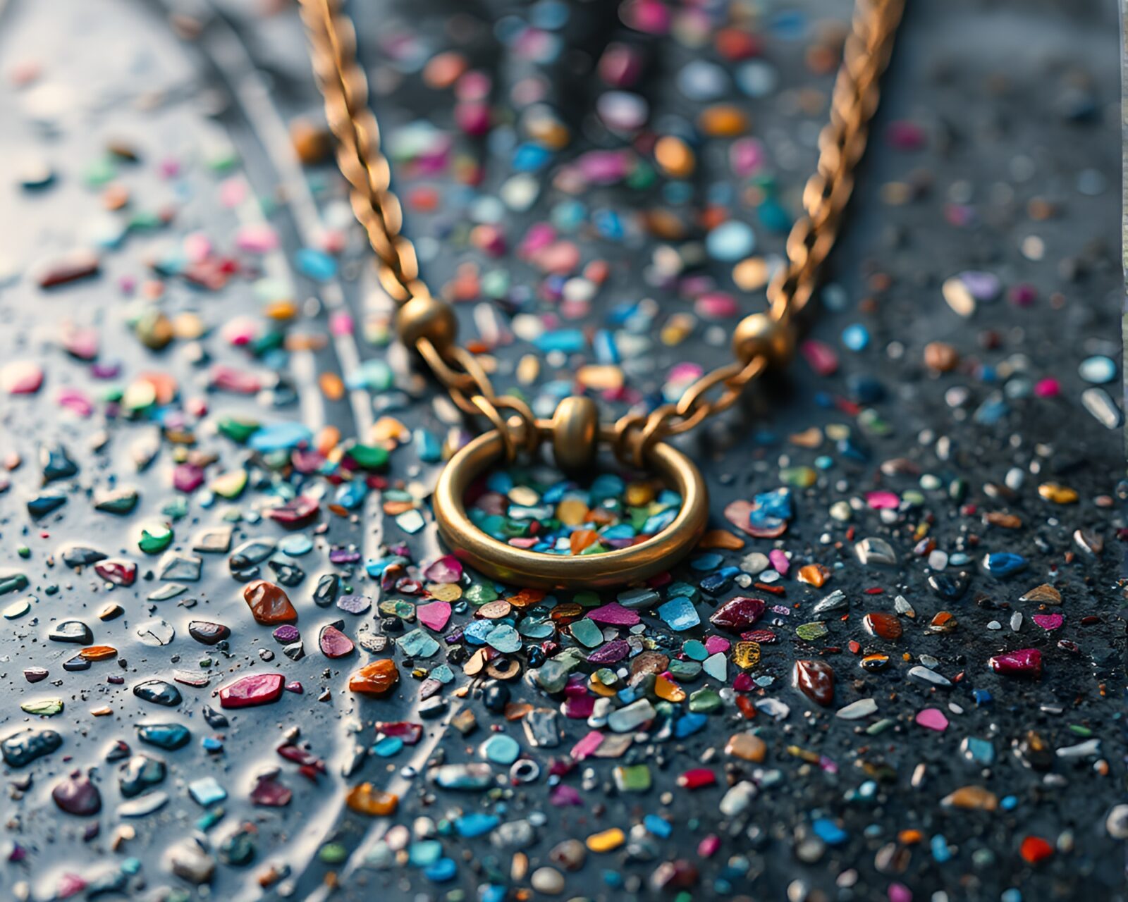 Colorful confetti necklace on wet pavement in line art style