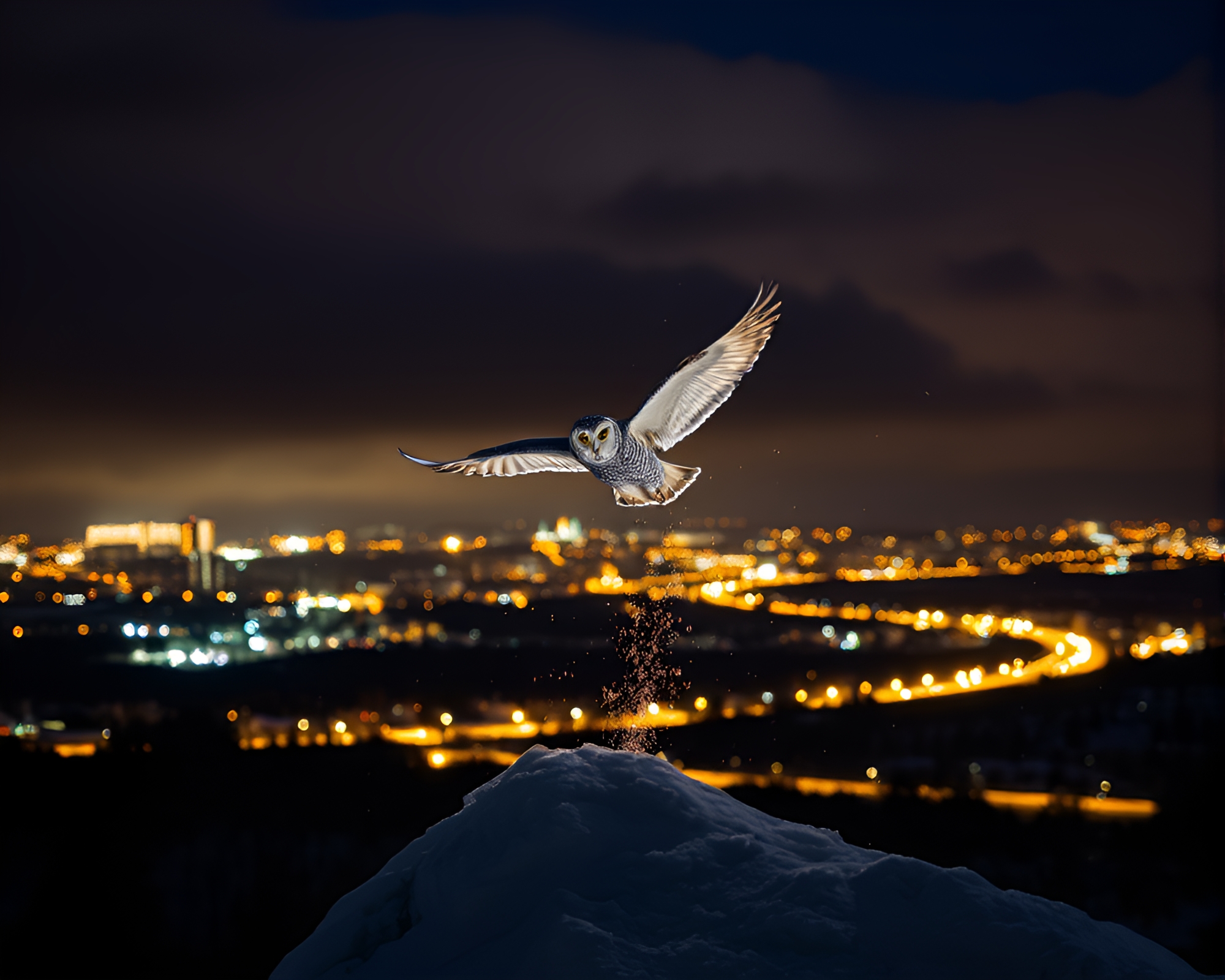 Snowy Owl in Citylights Explosion Double Exposure – free AI stock image