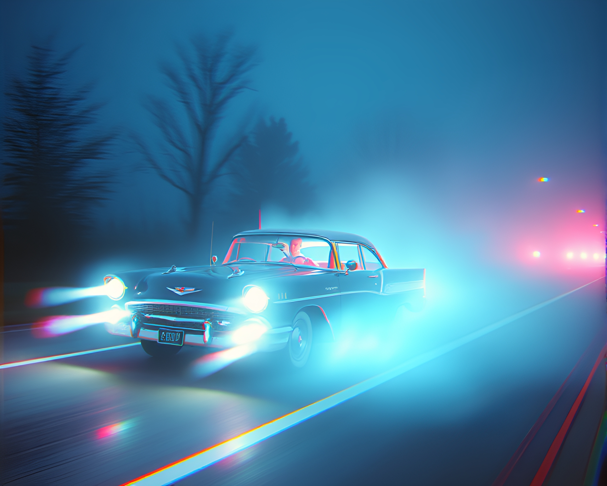 Surreal Flying Car Race Through Foggy Anaglyph World – free AI stock image