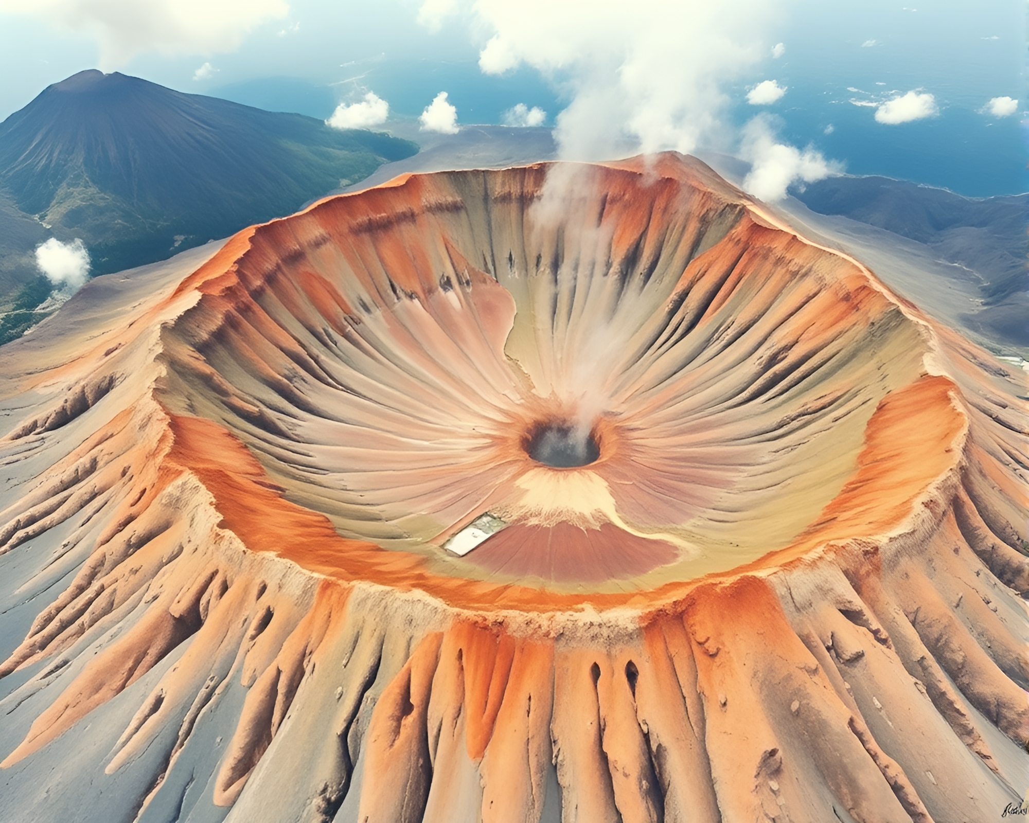 Majestic Volcano Crater Overlooking Aqueous Valley – free AI stock image